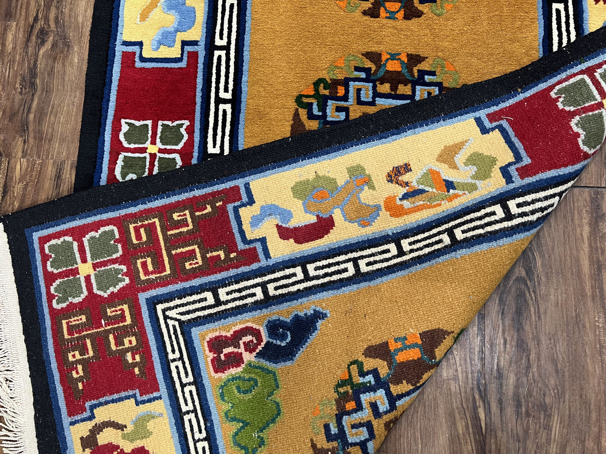Vintage Chinese Art Deco Rug 3x6, Orange Dark Blue Maroon Chinese Peking Carpet, Asian Oriental Wool Rug, Bold Colors, Bedroom Rug, Hallway