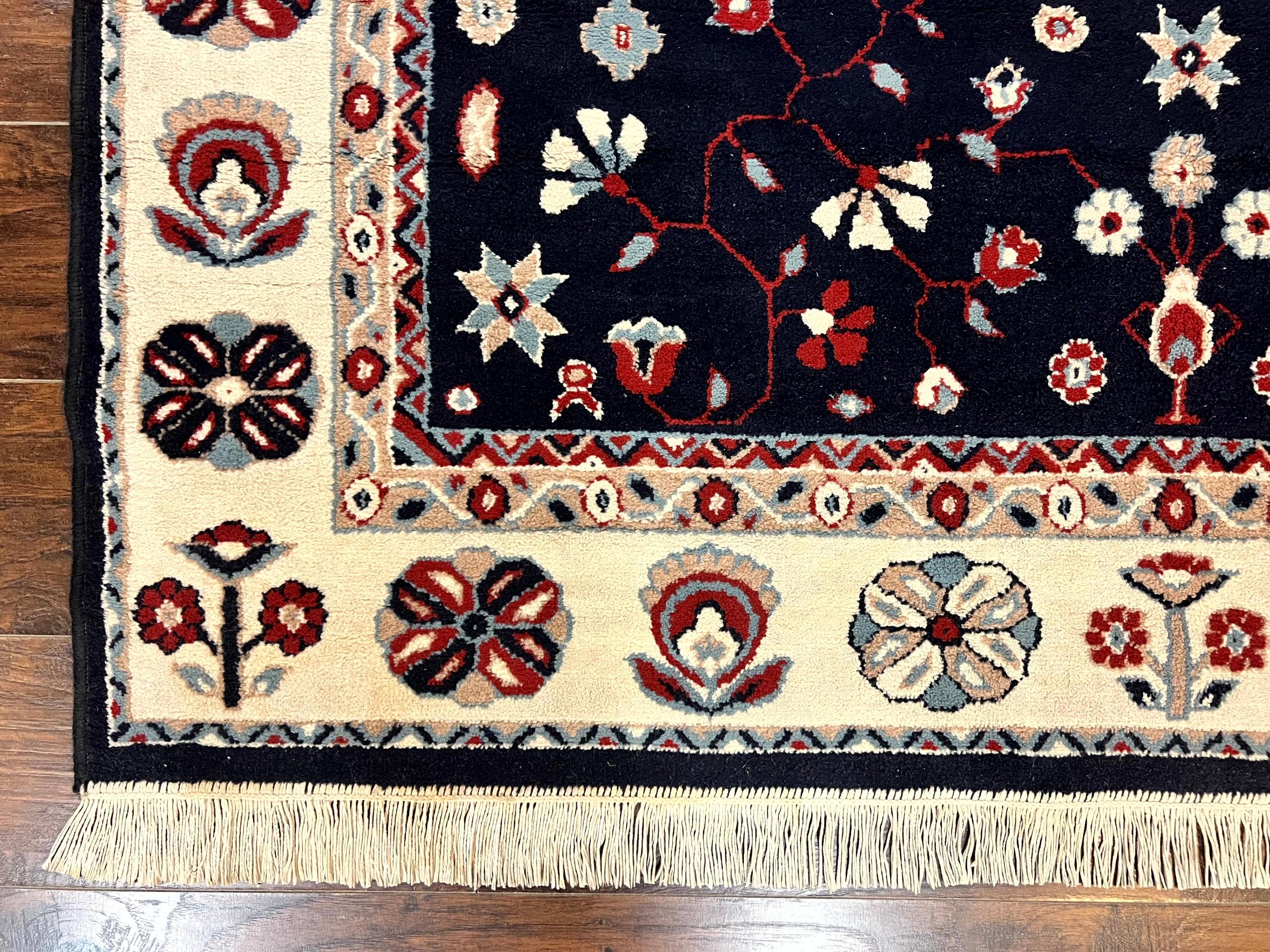 Belgium Power Loomed Rug 5.6 x 7, Navy Blue and Ivory, Heriz Pattern, Vintage Oriental Carpet - Jewel Rugs