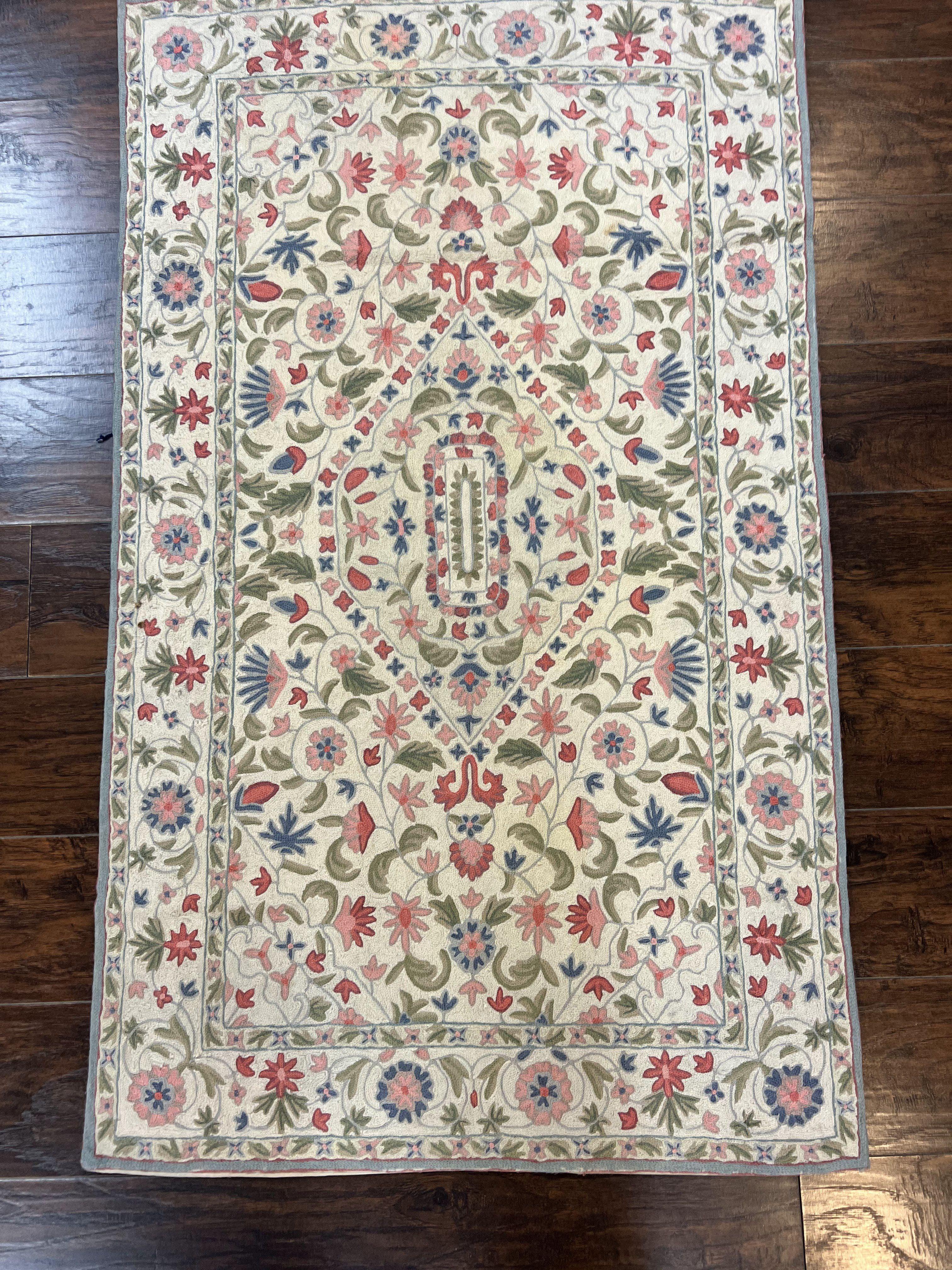 Hand Stitched Indian Rug 4x5, Floral, Vintage Hand Hand Stitched Indian Rug 4x5, Floral, Vintage Hand