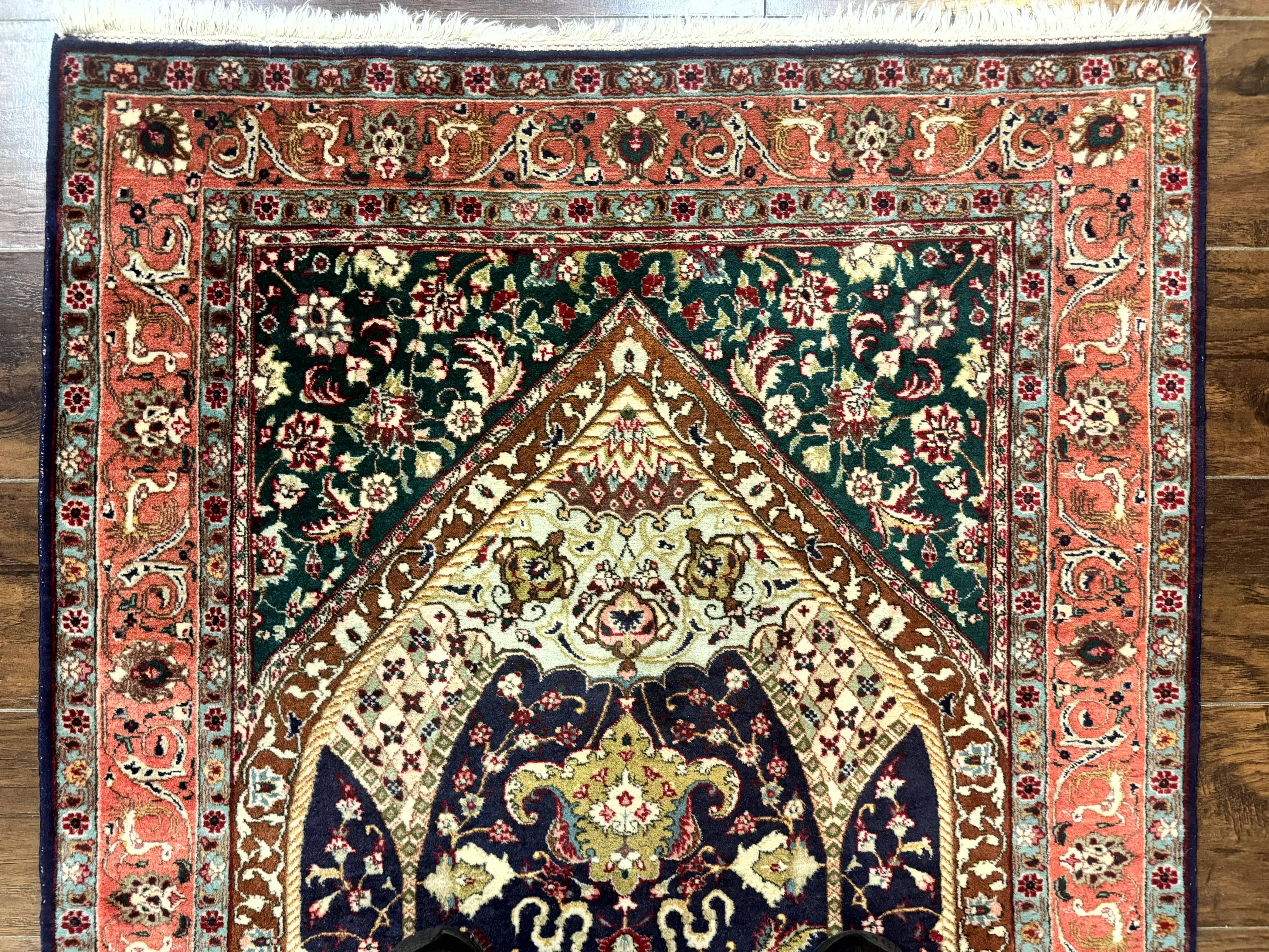 Persian Tabriz Rug 3x4, Navy Blue, Birds, Floral, Prayer Rug, Handmade Wool Rug, Finely Hand Knotted 325 KPSI - Jewel Rugs