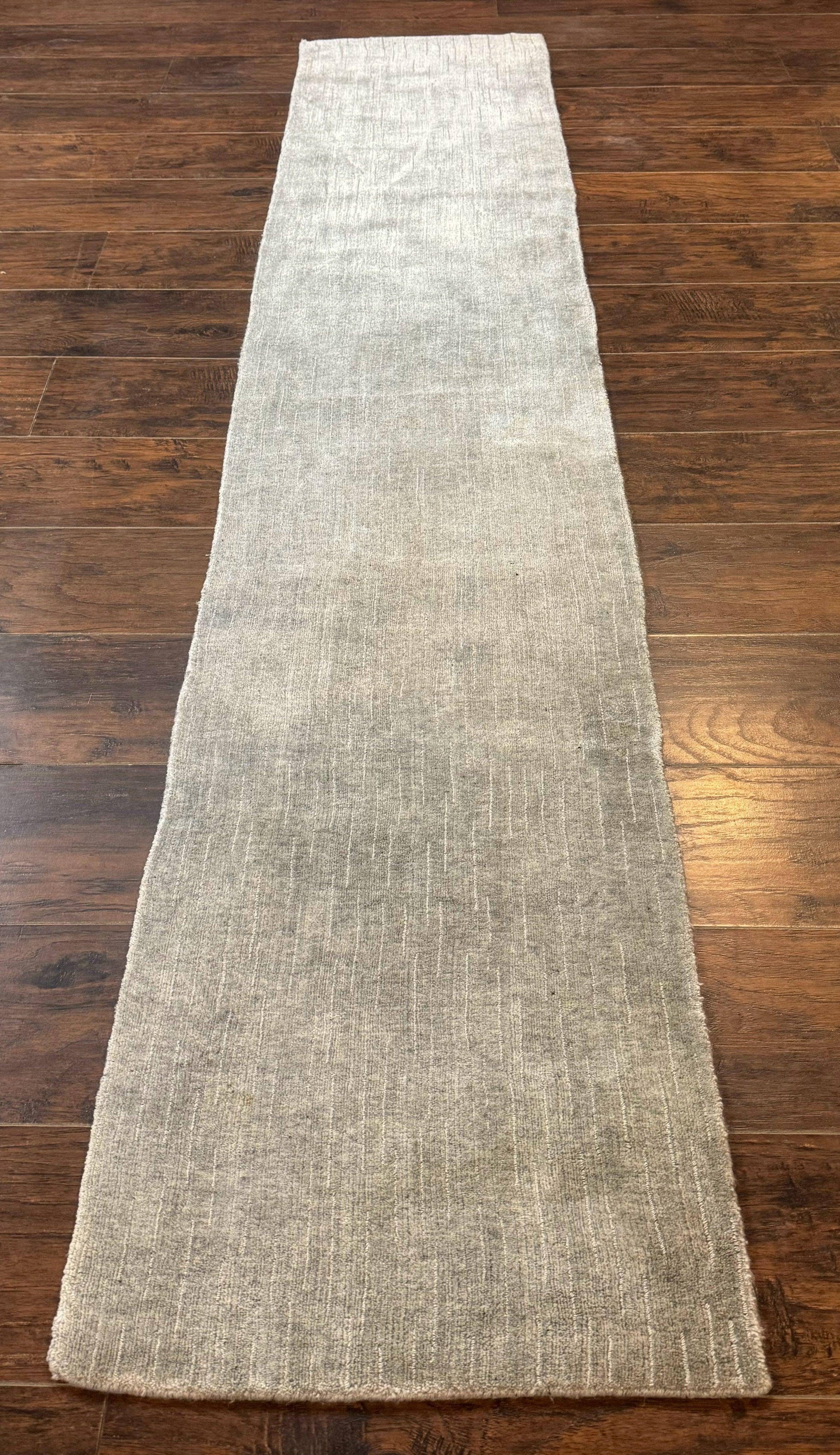 Modern Tibetan Runner Rug 1.9 x 8.6, Wool and Silk Highlights, Gray/Silver, Narrow Runner for Hallway or Kitchen - Jewel Rugs