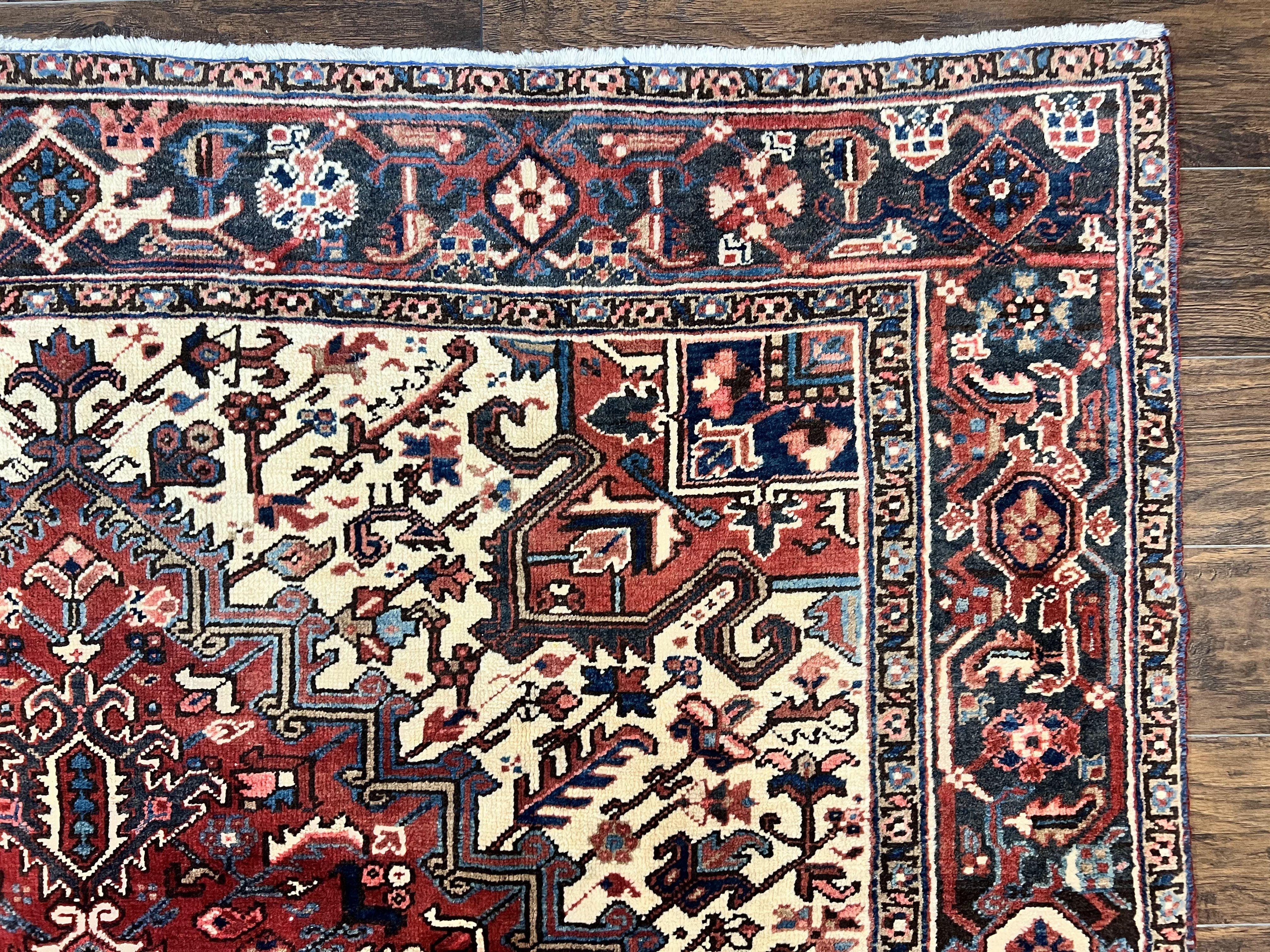 Persian Heriz Rug 8x11, Wool Hand Knotted Antique Carpet, Red Navy Blue Ivory, Geometric Rug, 8 x 11 Room Sized Oriental Rug - Jewel Rugs