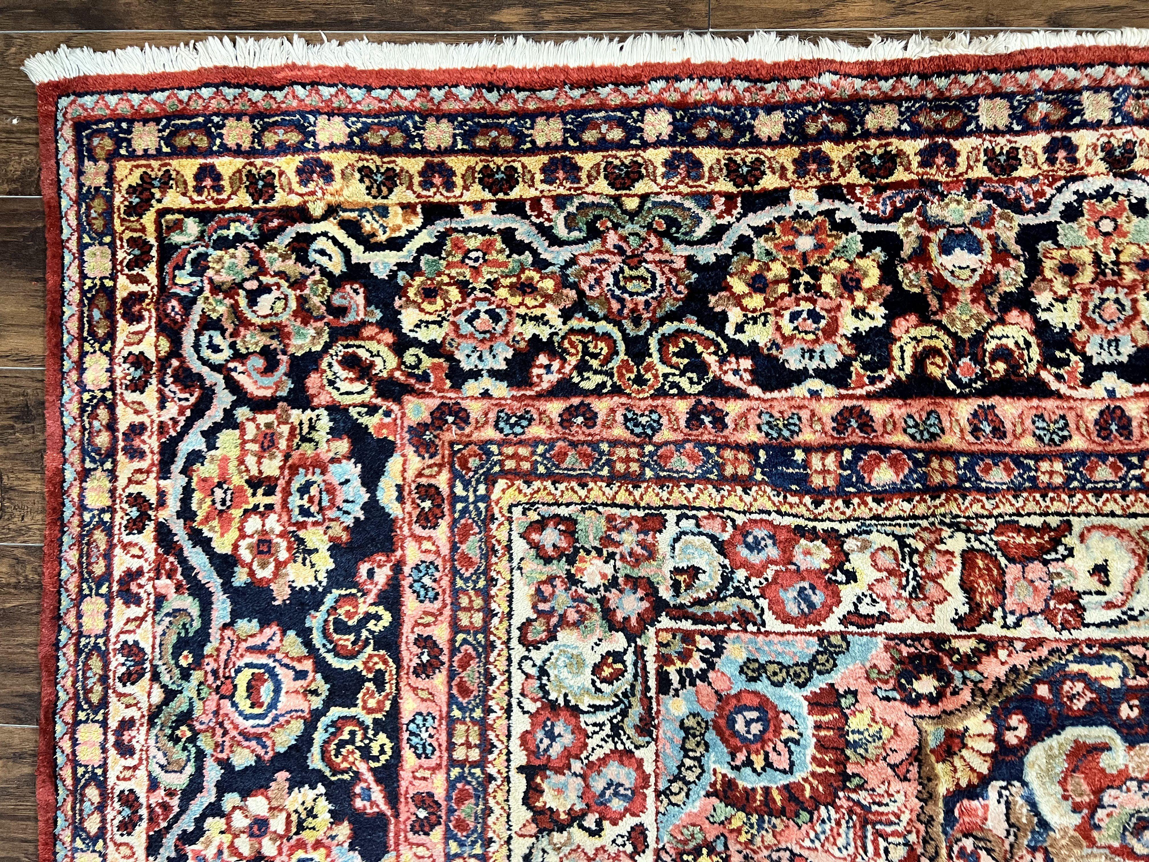 Persian Sarouk Rug 11x14, Semi Open Field, Large Antique Persian Wool Handmade Carpet, Red and Dark Blue, Floral - Jewel Rugs