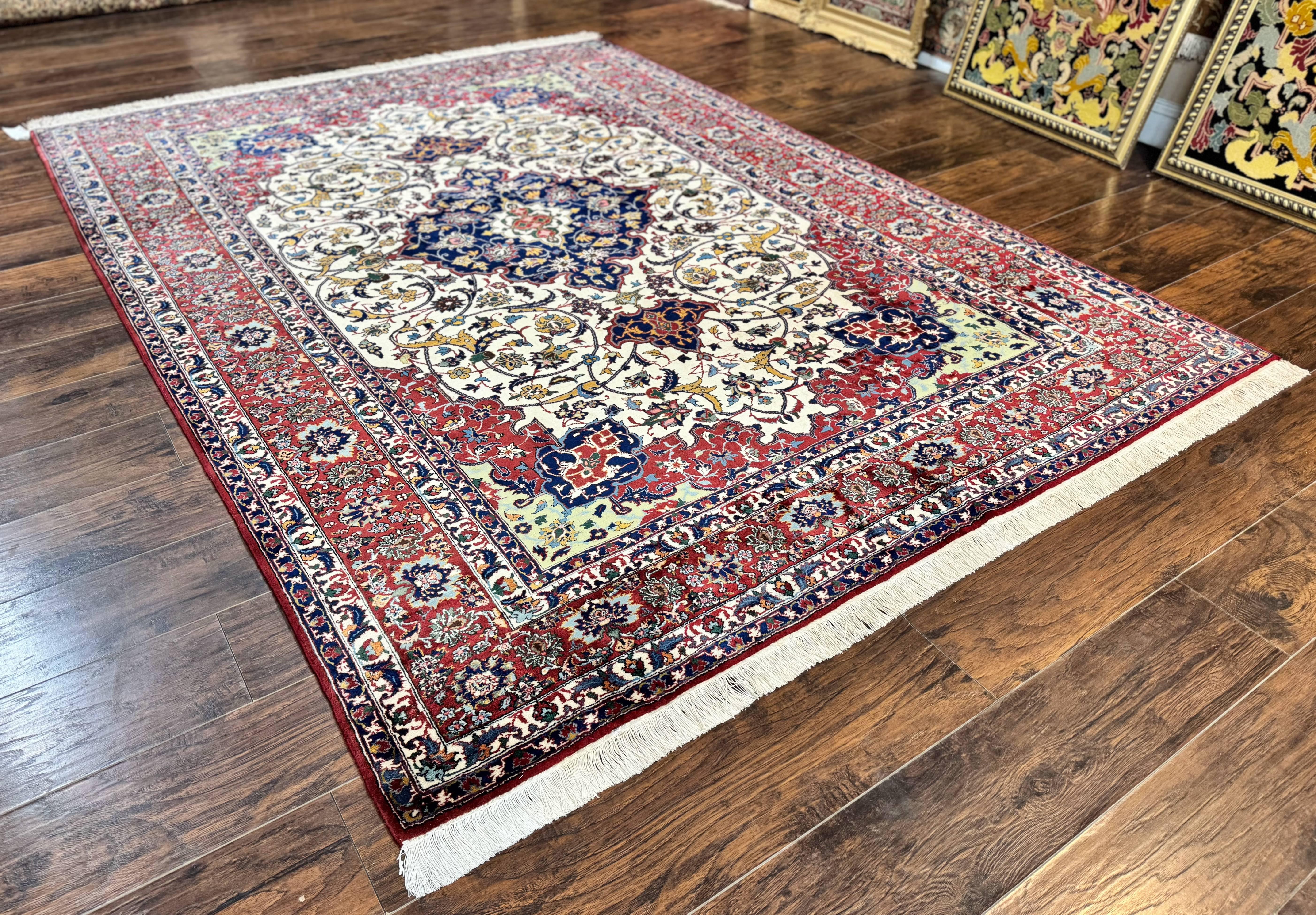 Wonderful Persian Isfahan Rug 7x9, Ivory Navy Blue Red, Floral Medallion, Very Finely Hand Knotted 260 KPSI, Handmade Wool Vintage Rug - Jewel Rugs