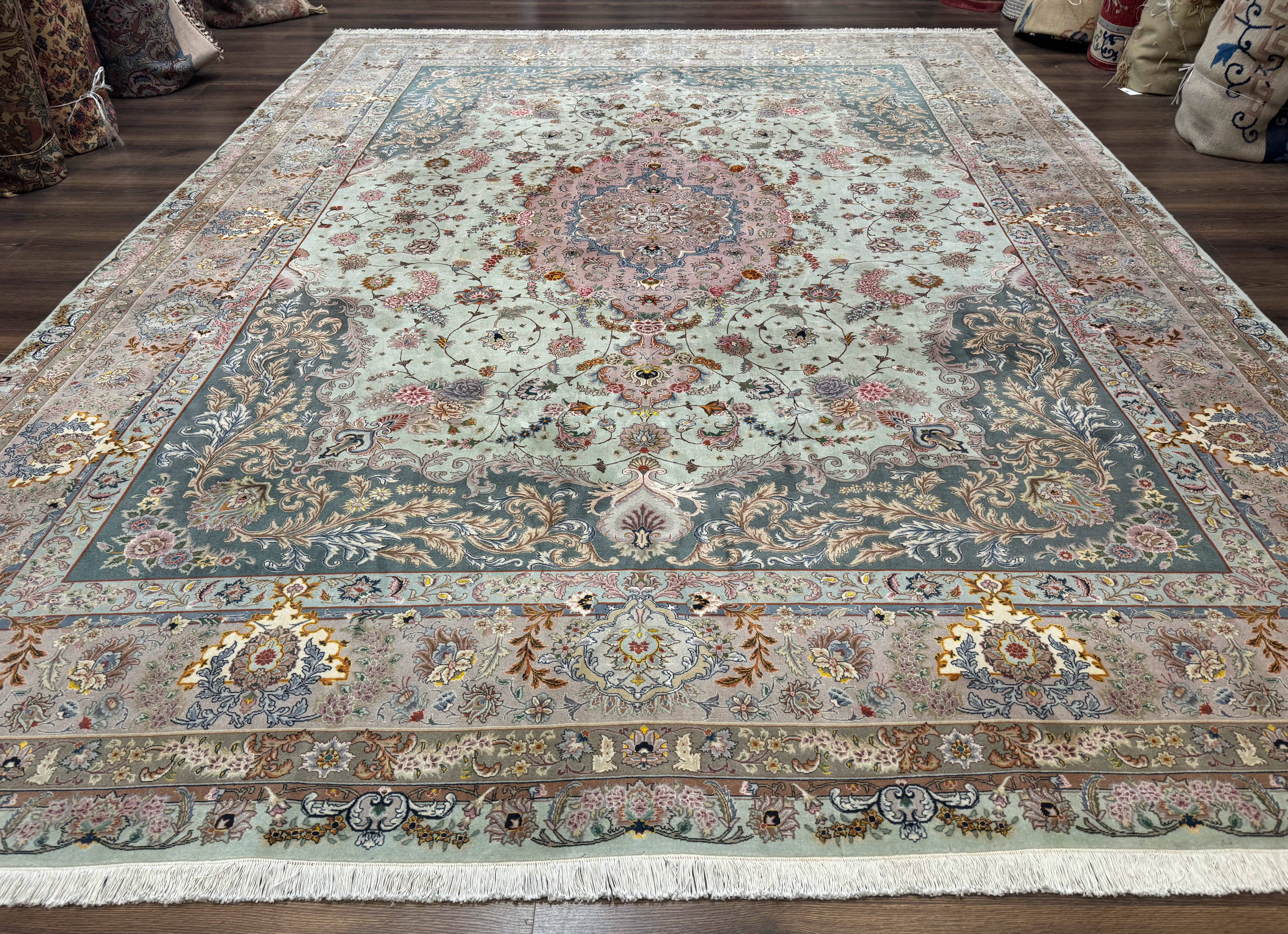 Marvelous Persian Tabriz Rug 10x13, Very Fine 380 KPSI, Mint Green Pink, Floral - Jewel Rugs