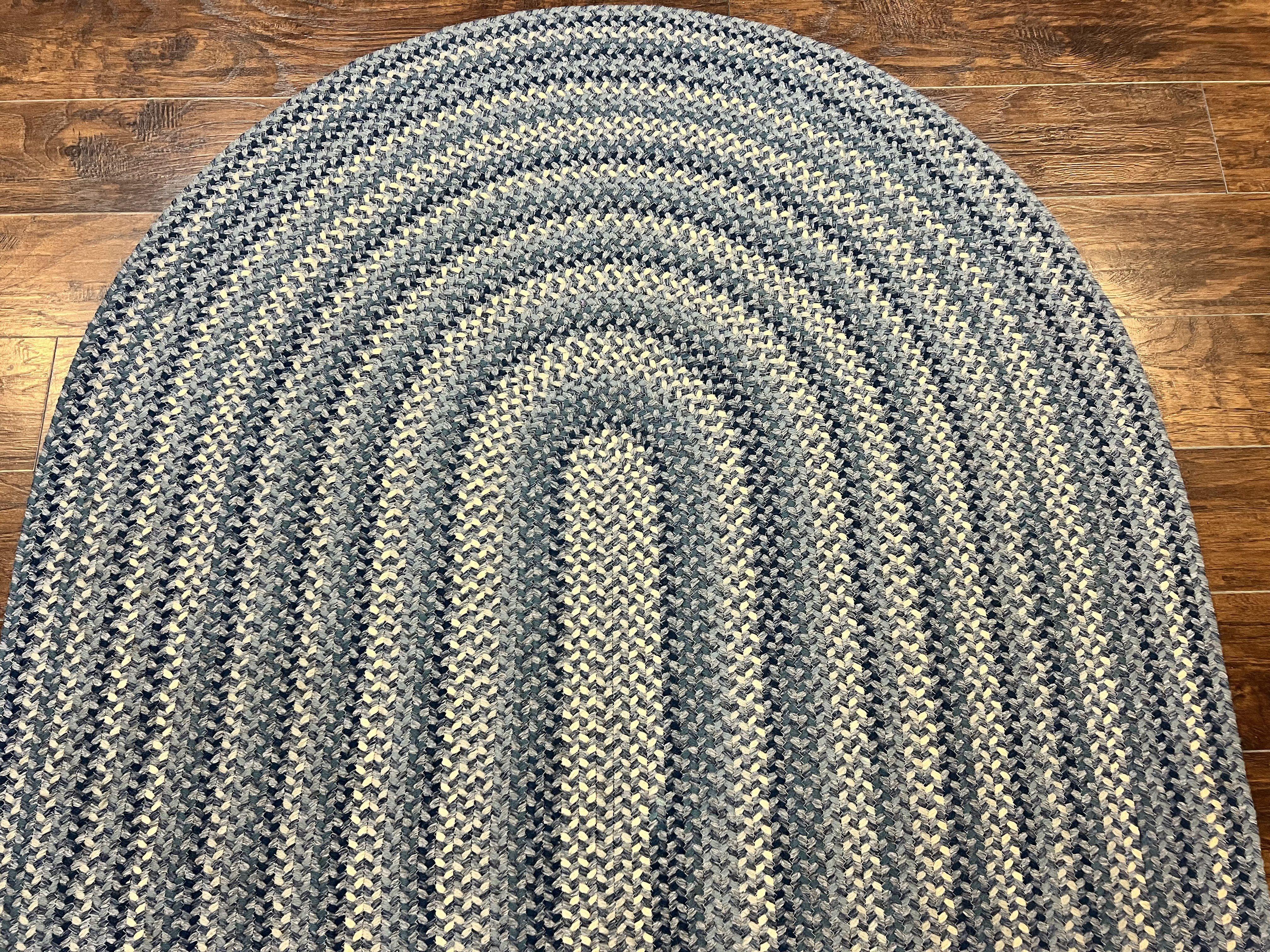 American Oval Braided Rug 5x8 Wool Handmade Vintage Carpet, Multicolor, Blues Gray Cream - Jewel Rugs