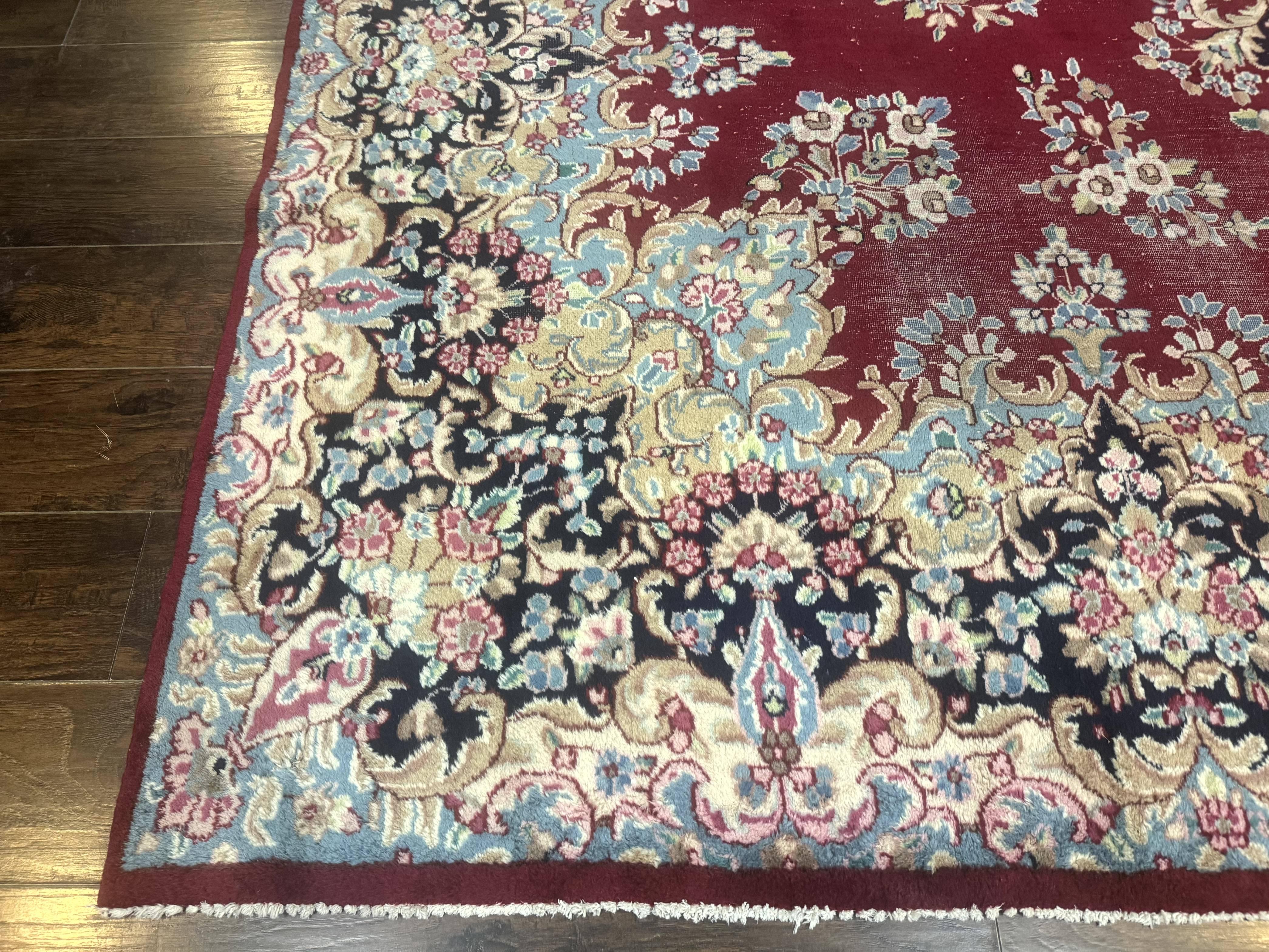 Persian Kerman Rug 10x12, Raspberry Red and Navy Blue, Traditional Persian Carpet - Jewel Rugs