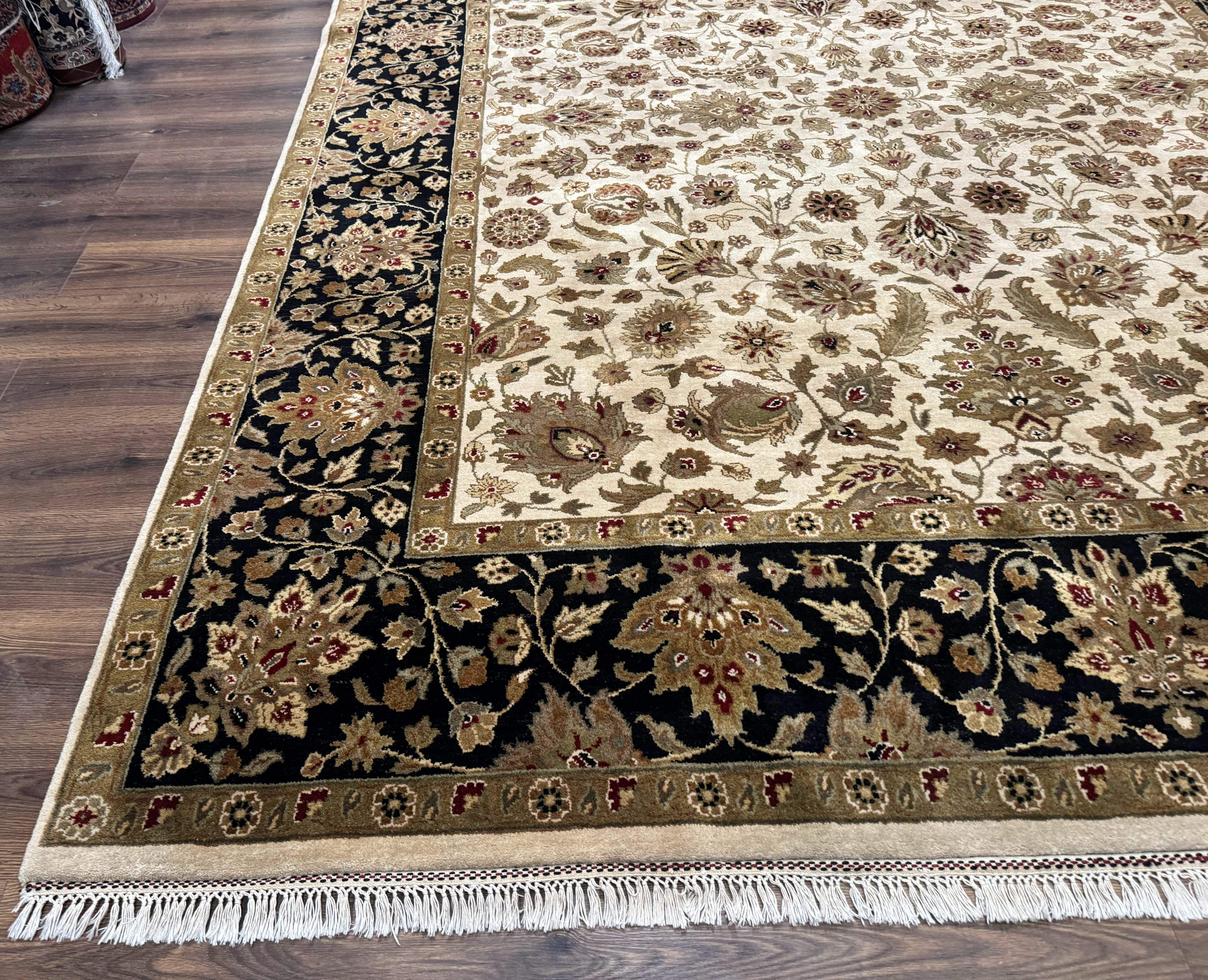 Indo Persian Mahal Rug 9x12, Cream and Black, Hand Knotted Wool Traditional Oriental Carpet - Jewel Rugs