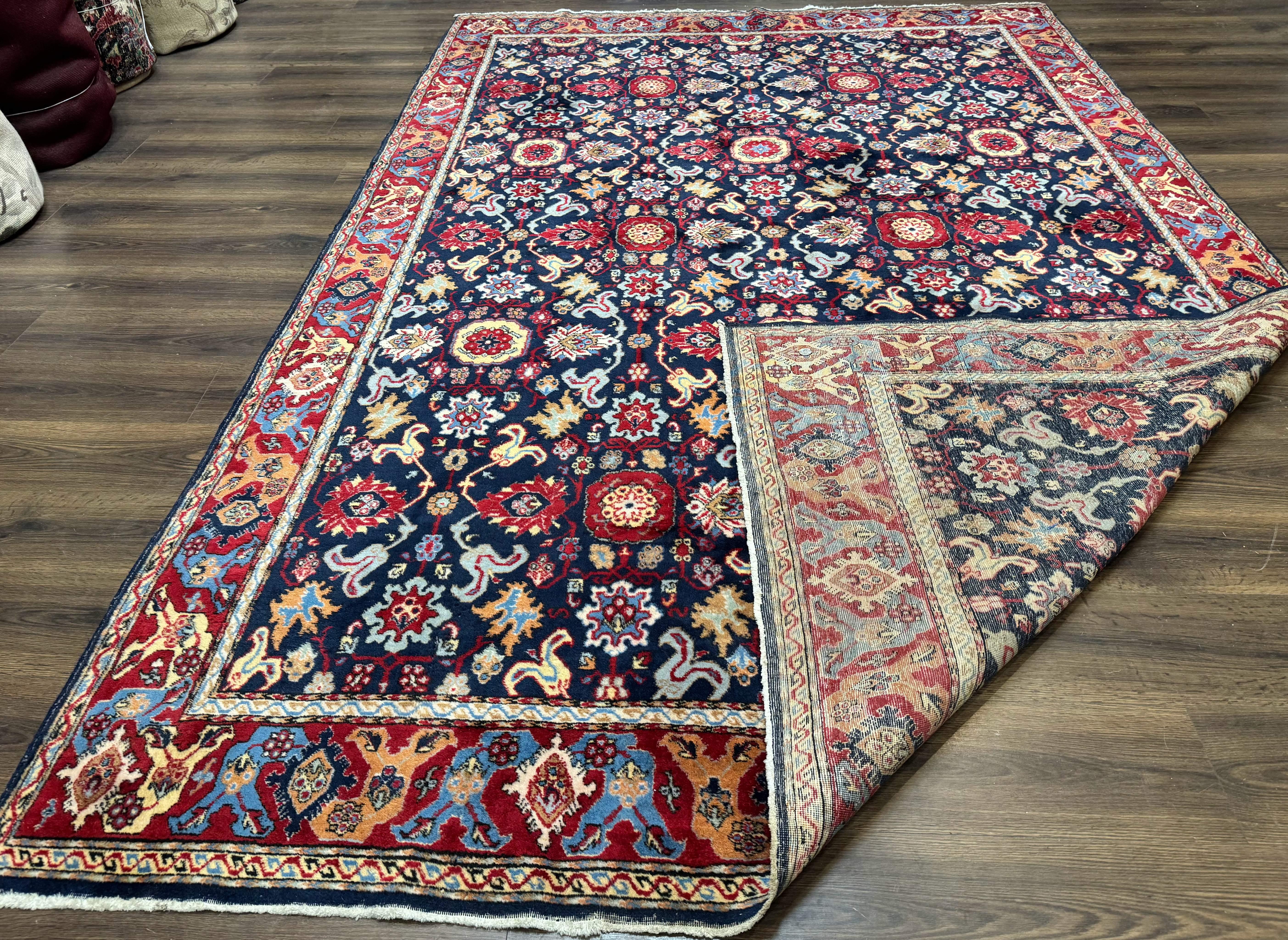 Persian Sarouk Mahal Rug 7x11, Navy Blue Multicolor Colorful Persian Carpet, Mina Khani Allover Pattern, Vintage Persian Rug - Jewel Rugs