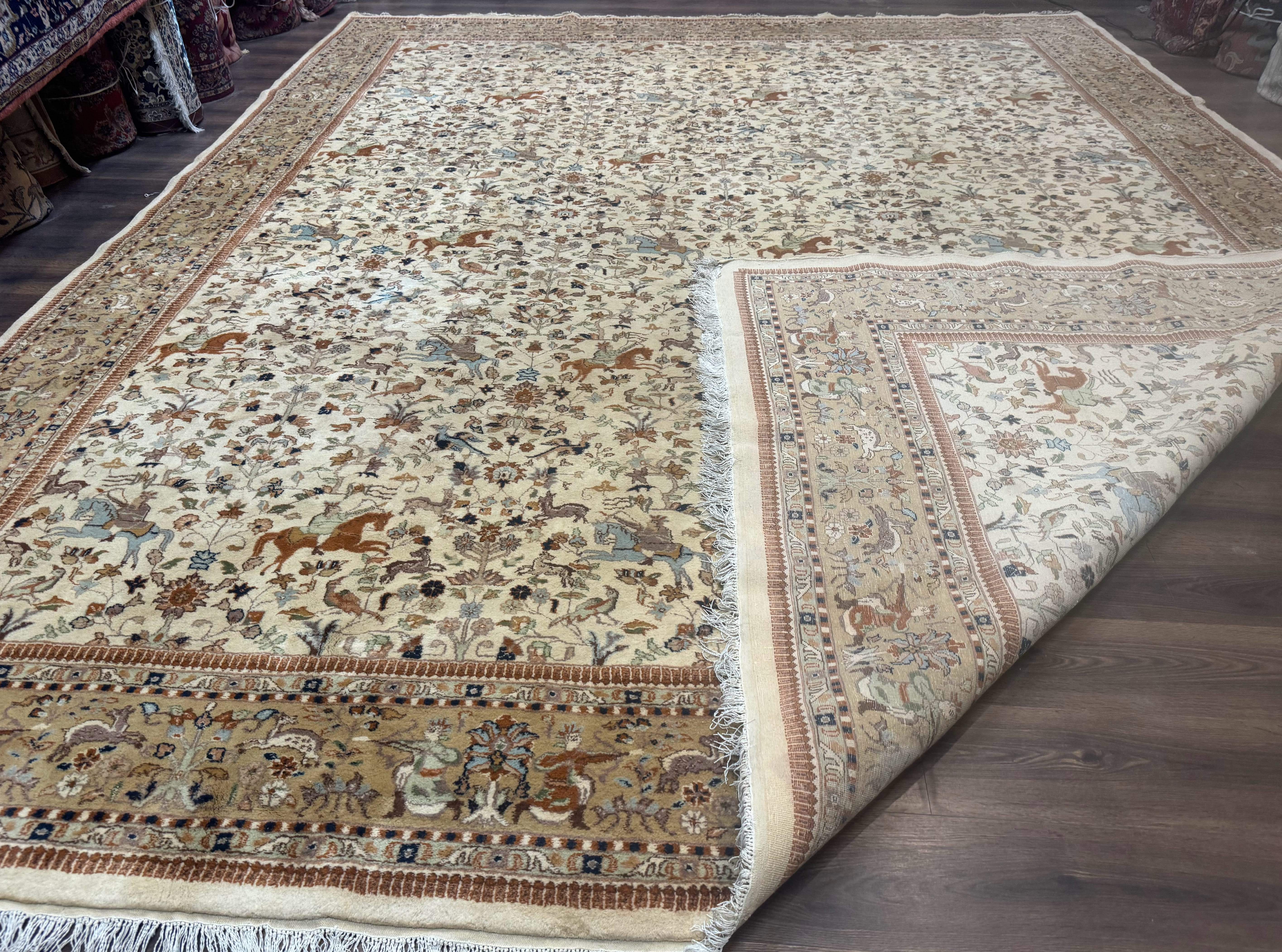Palace Size Persian Tabriz Rug 12x15 – Beige and Tan, Hunting Design, Wool, Animal Pictorials - Jewel Rugs