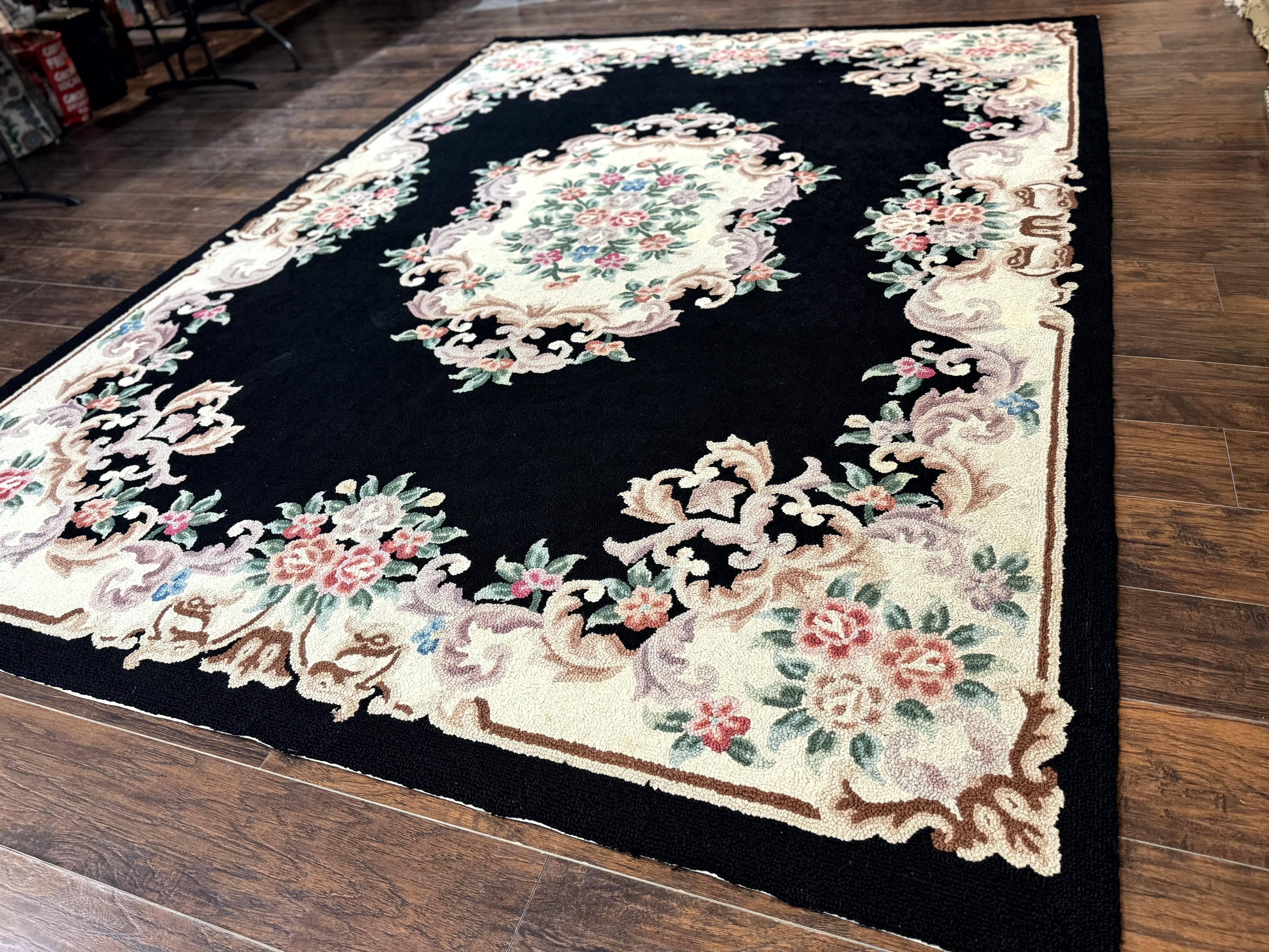 Aubusson Rug 8x11, Black and Ivory, Hooked Rug, Vintage, Wool - Jewel Rugs
