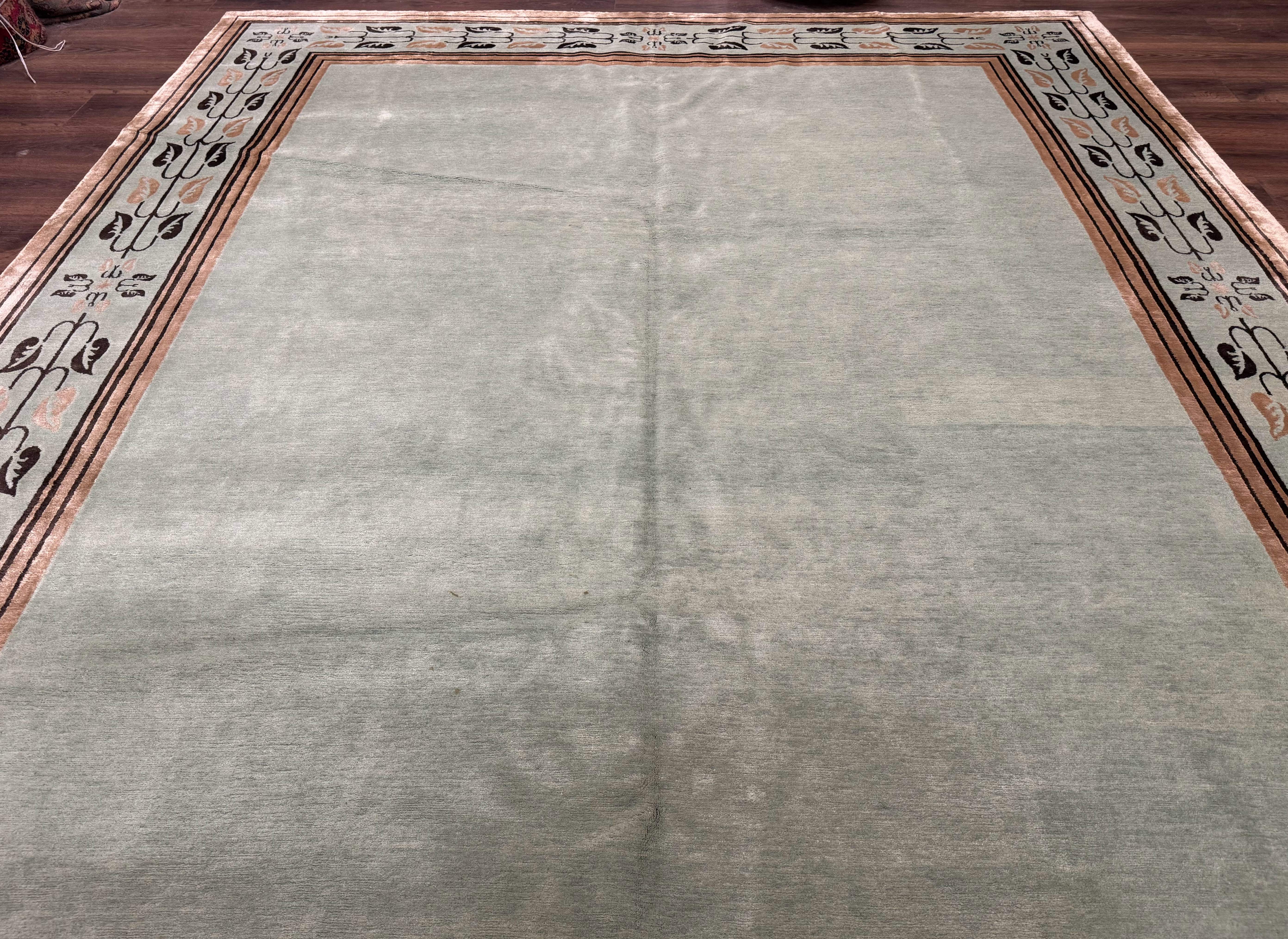 Palace Size Nepali Rug 9x18, Open Field, Light Mint Green, Wool Hand Knotted, Modern Contemporary - Jewel Rugs