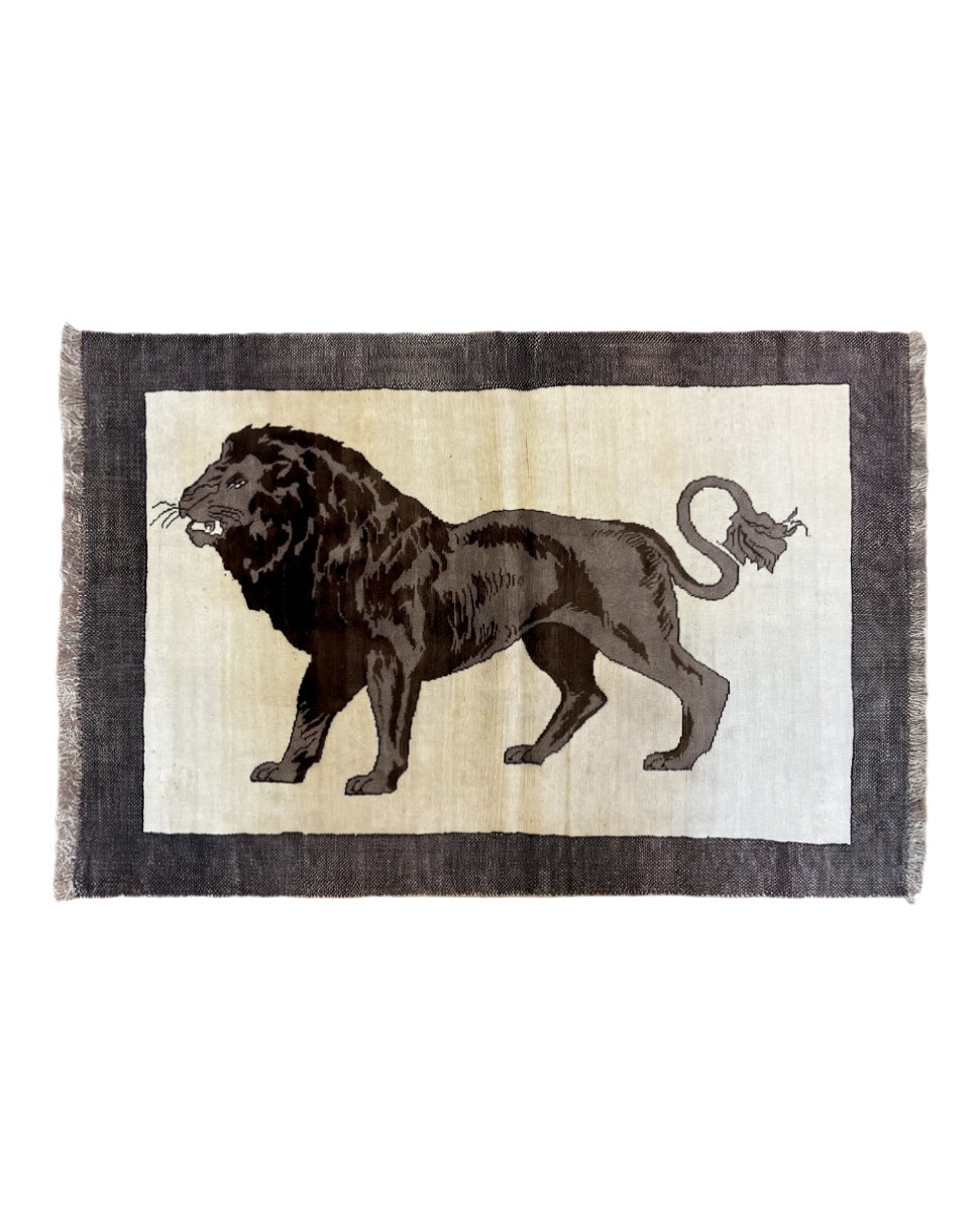 3 x 5 Handmade Rug Brown Beige Hand-Knotted Lion Rug New Vintage Quality Animal Zagros 5' x 3' 3" - 2102J054