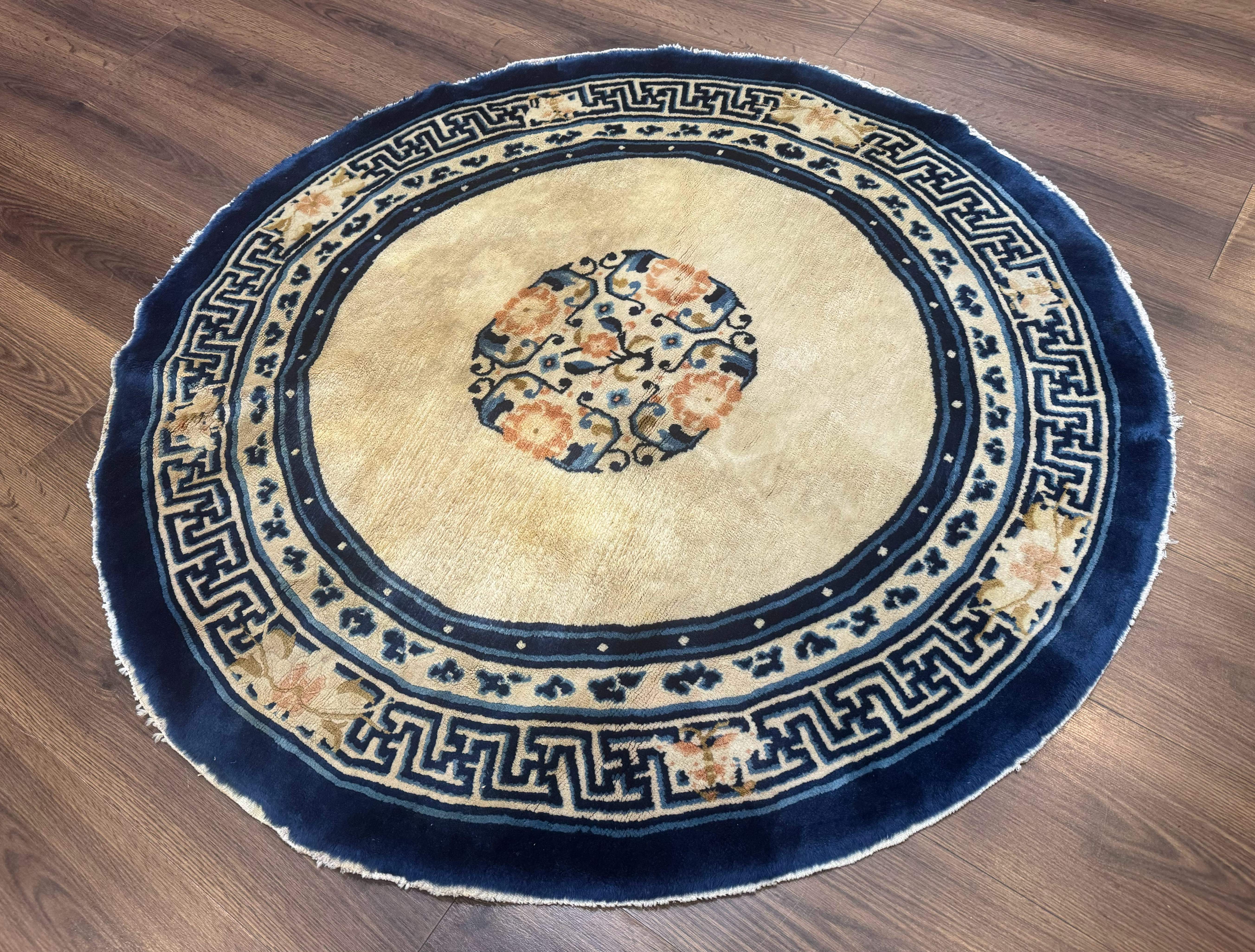Round Antique Chinese Peking Rug 4x4, Cream and Blue, Wool - Jewel Rugs