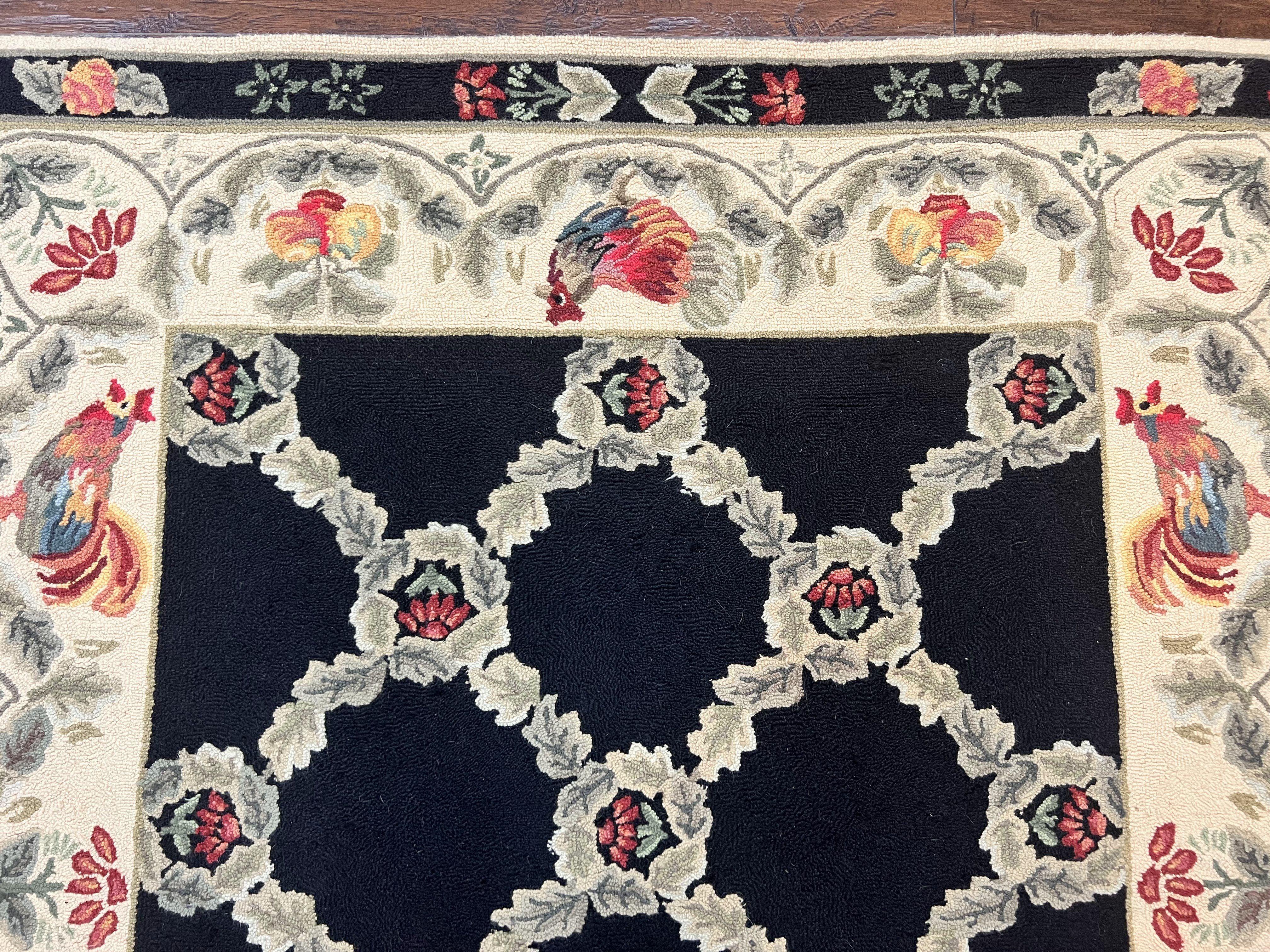 Hooked Rug 5x8, European Aubusson Pattern, Black and Ivory, Roses & Roosters, Vintage Wool Rug - Jewel Rugs