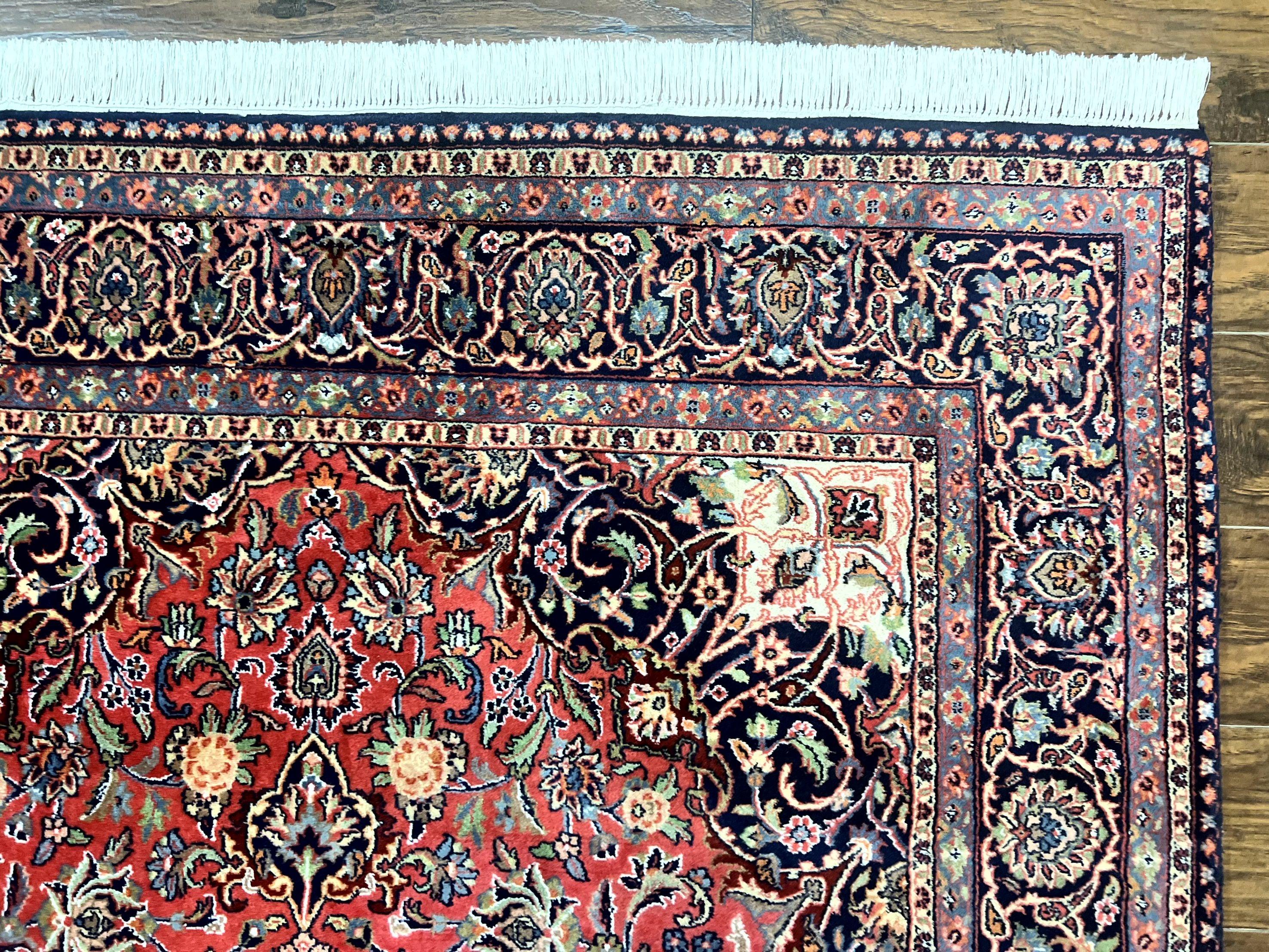 Persian Kashan Rug 6x9, Red and Dark Blue, Handmade Vintage Wool Carpet, Floral Medallion - Jewel Rugs