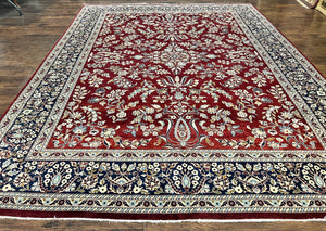 Indo Persian Sarouk Rug 9x12, Floral Allover, Dark Red & Navy Blue, Handmade Vintage Wool Carpet
