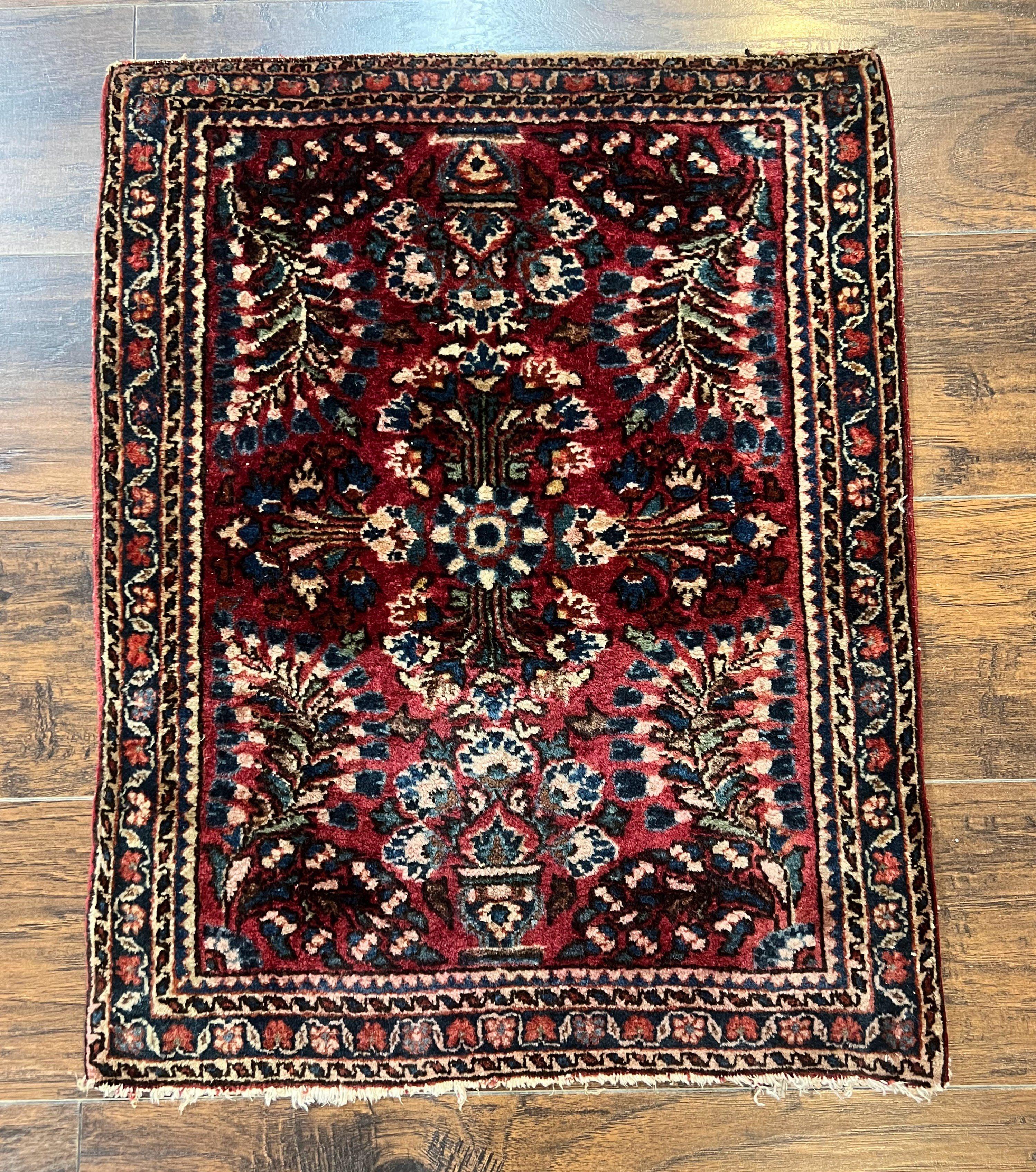 Antique Persian Sarouk Rug 2 x 2.5, Small Sarouk Carpet, Red Floral 1920s Red, Fine 170 KPSI, Wool Handmade Rug - Jewel Rugs