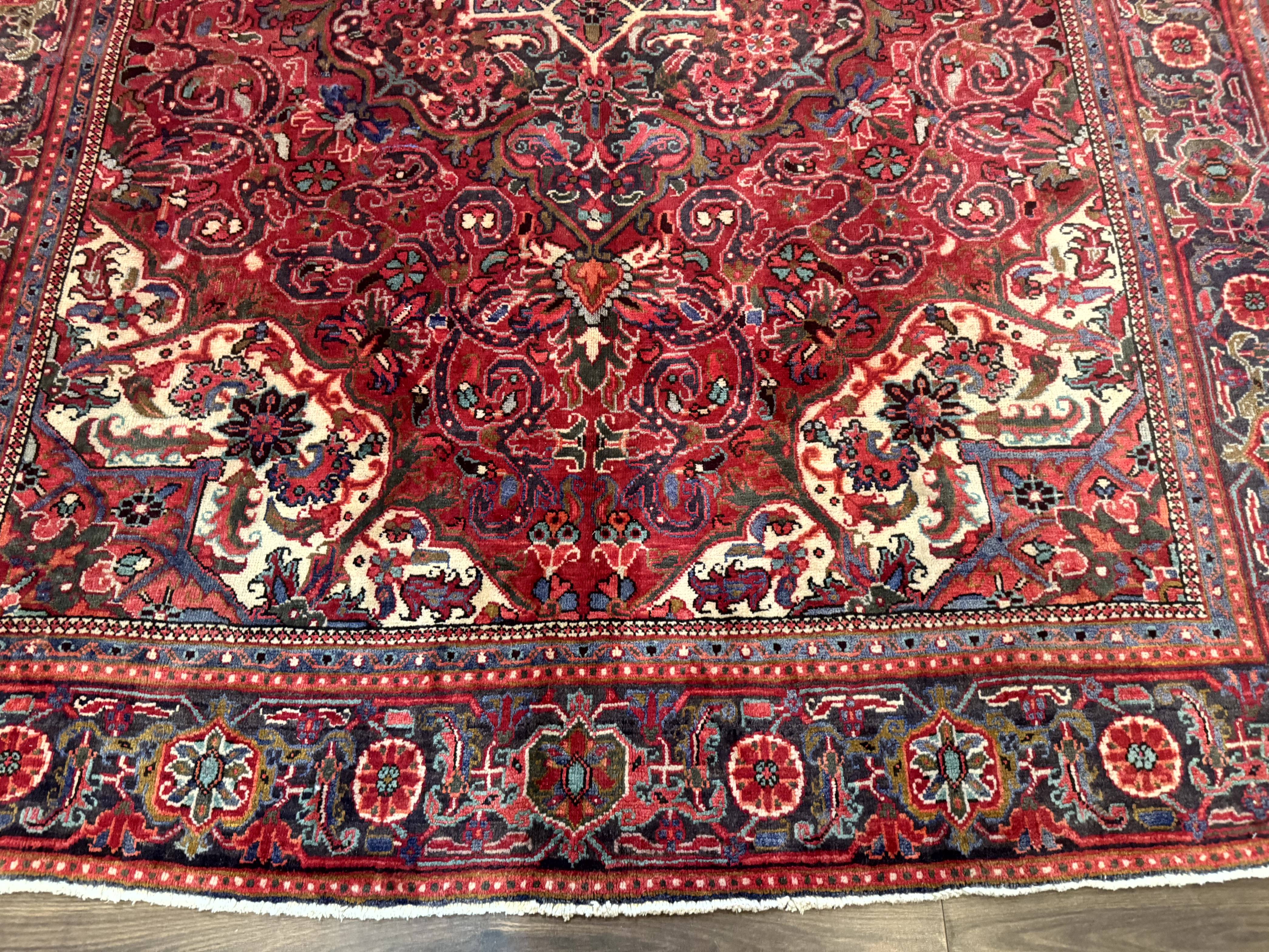 Persian Heriz Rug 7x10, Red and Navy, Geometric Medallion, Vintage Wool Carpet - Jewel Rugs
