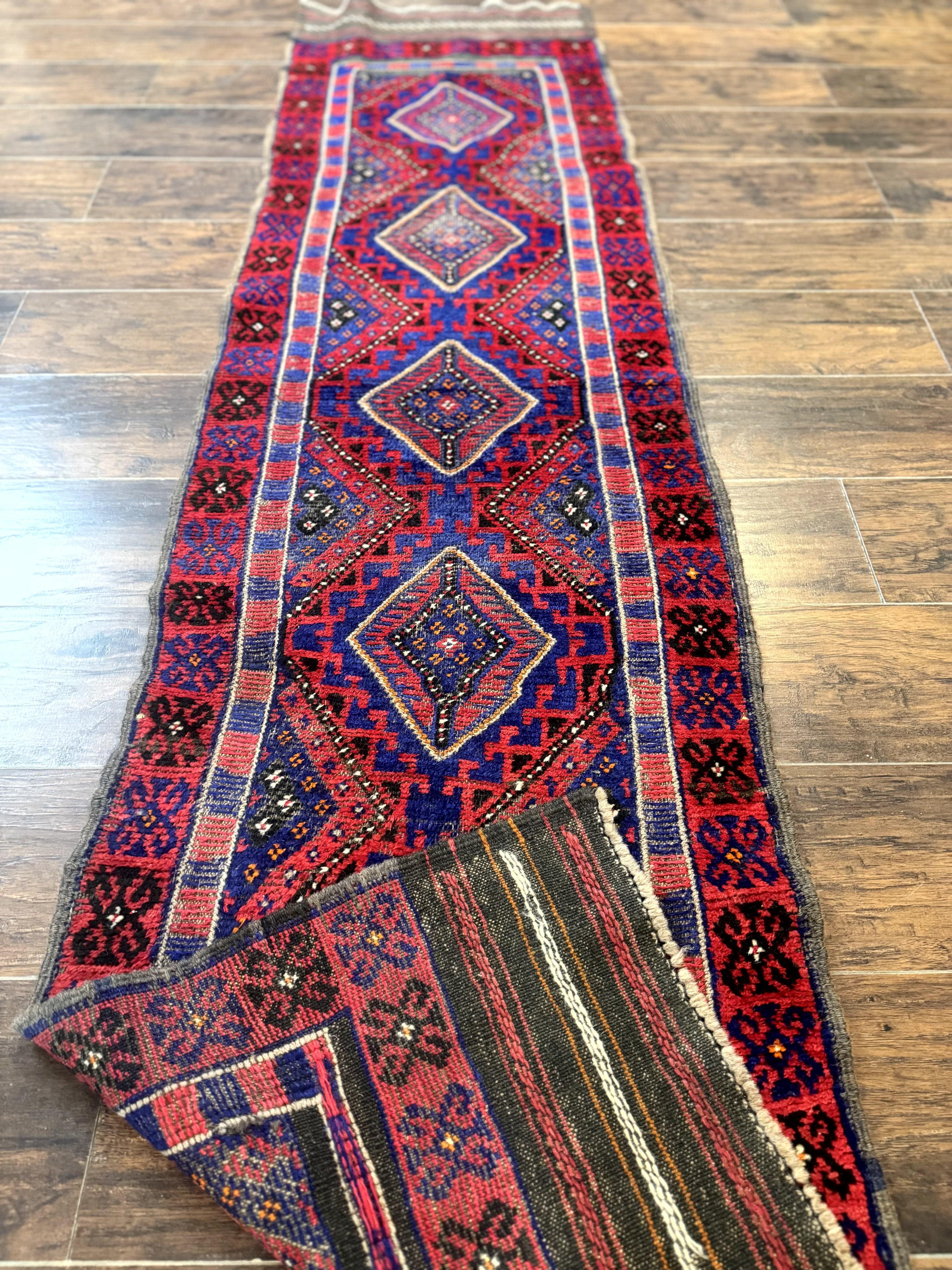 Turkoman Runner Rug 2 x 8.6, Skinny Runner, Handmade Wool Carpet for Hallway, Red and Blue, Wool, Vintage 8ft Runner - Jewel Rugs