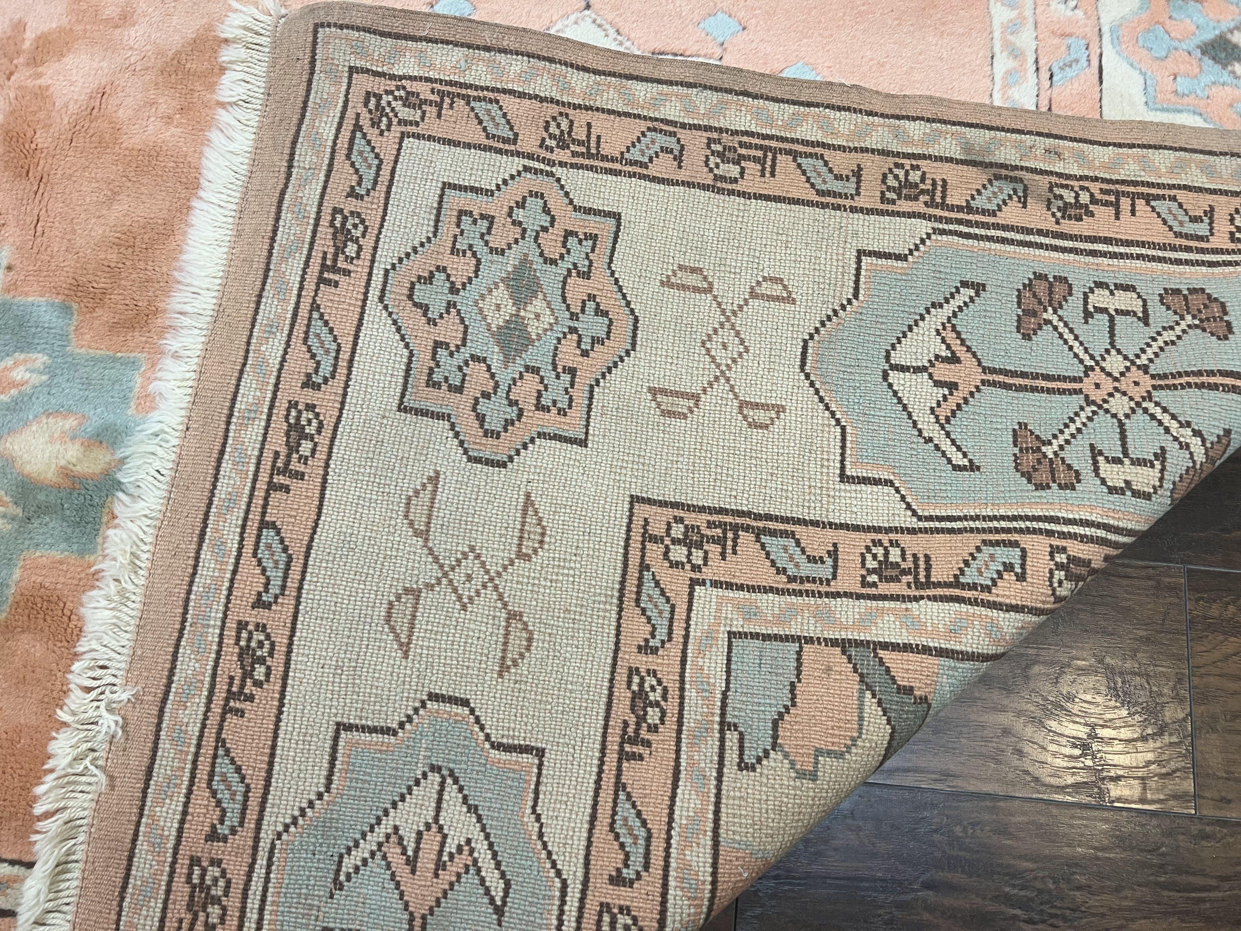Turkish Oushak Rug 9x12, Wool Hand Knotted Vintage Carpet, Peach Cream Light Blue Room Sized Oriental Rug - Jewel Rugs