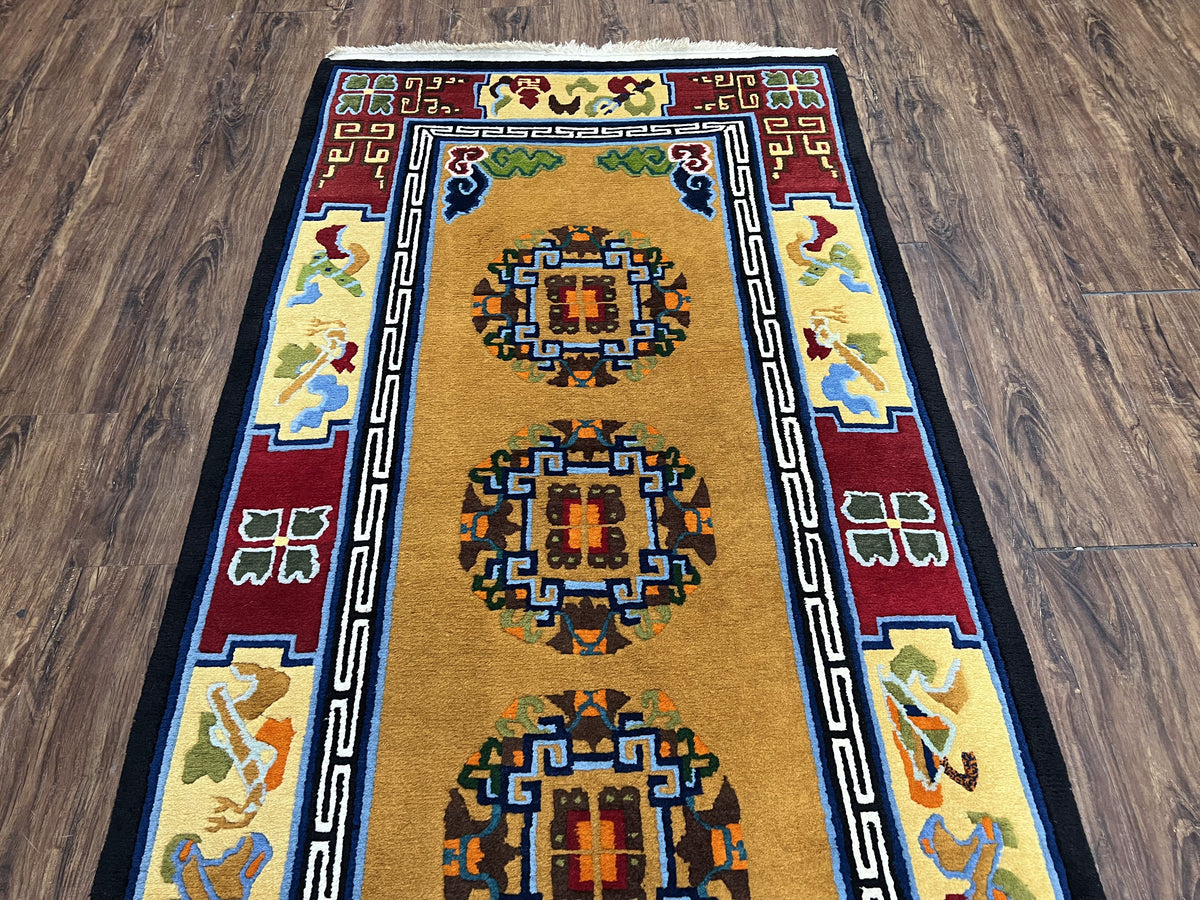 Vintage Chinese Art Deco Rug 3x6, Orange Dark Blue Maroon Chinese Peking Carpet, Asian Oriental Wool Rug, Bold Colors, Bedroom Rug, Hallway