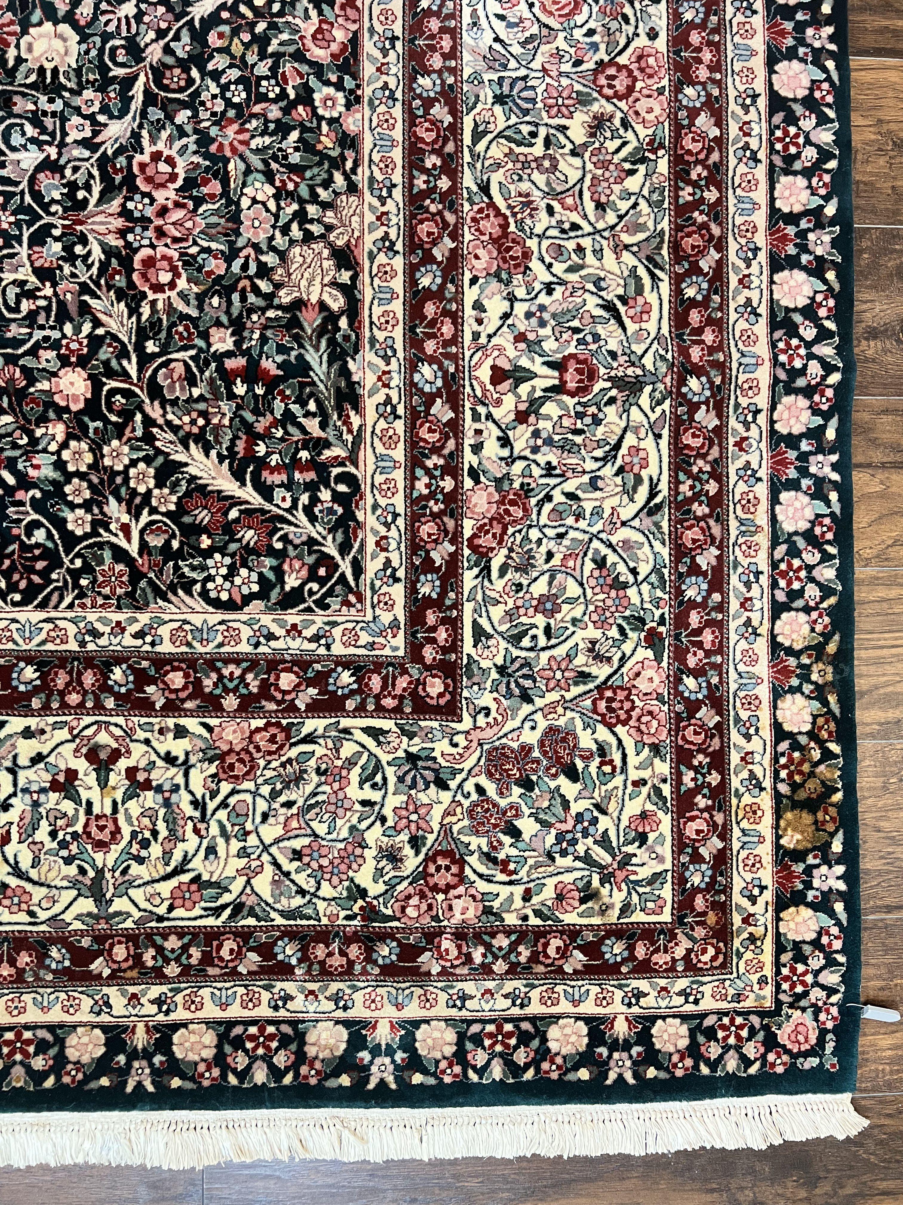 Large Sino Persian Rug 10x14, Wool Hand Knotted Vintage Carpet, Dark Green & Beige, Kirman Floral Rug, Fine Weave, Traditional, Large - Jewel Rugs