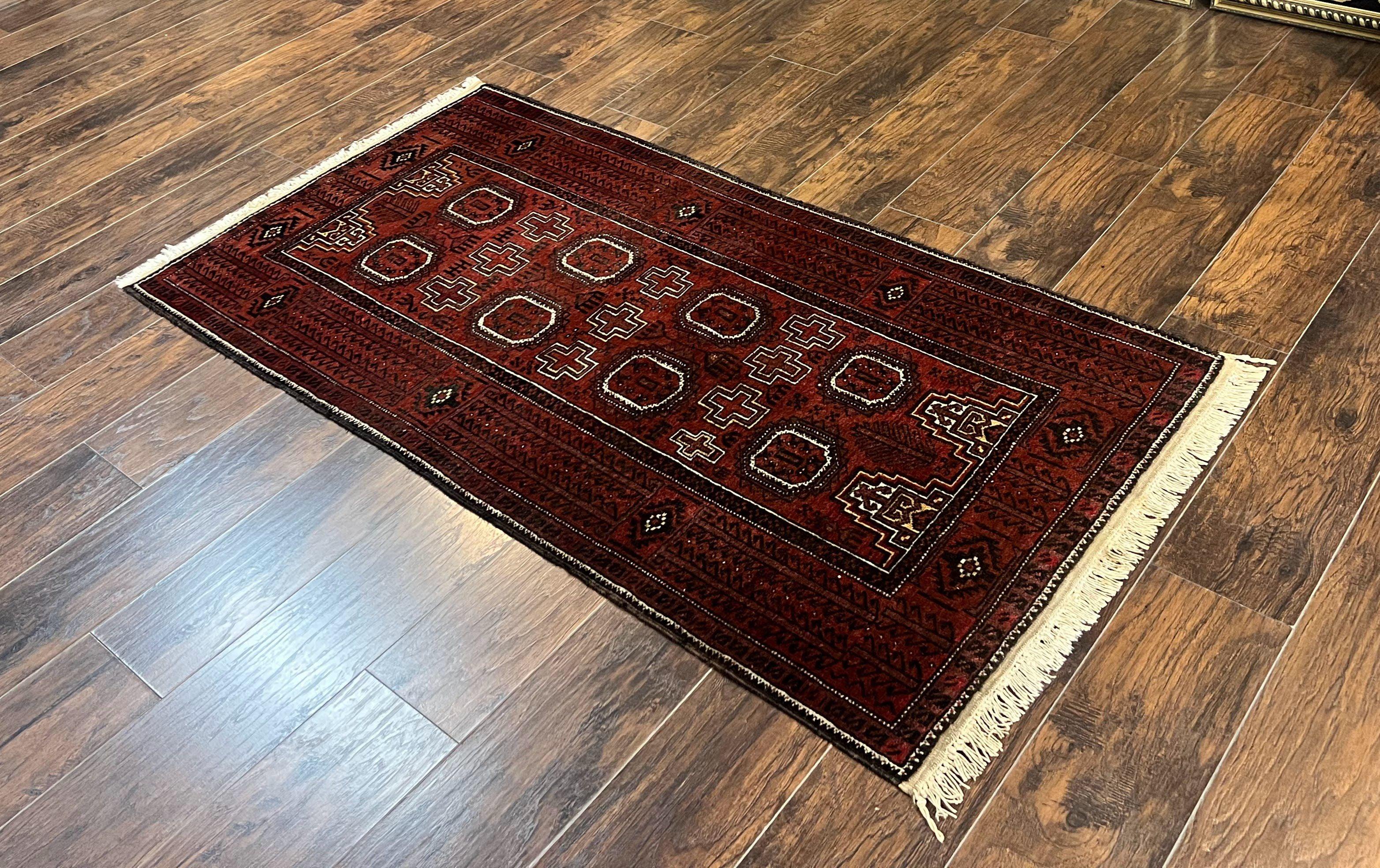 Antique Persian Turkoman Rug 3x6, Wool Tribal Handmade Carpet, Red and Black - Jewel Rugs
