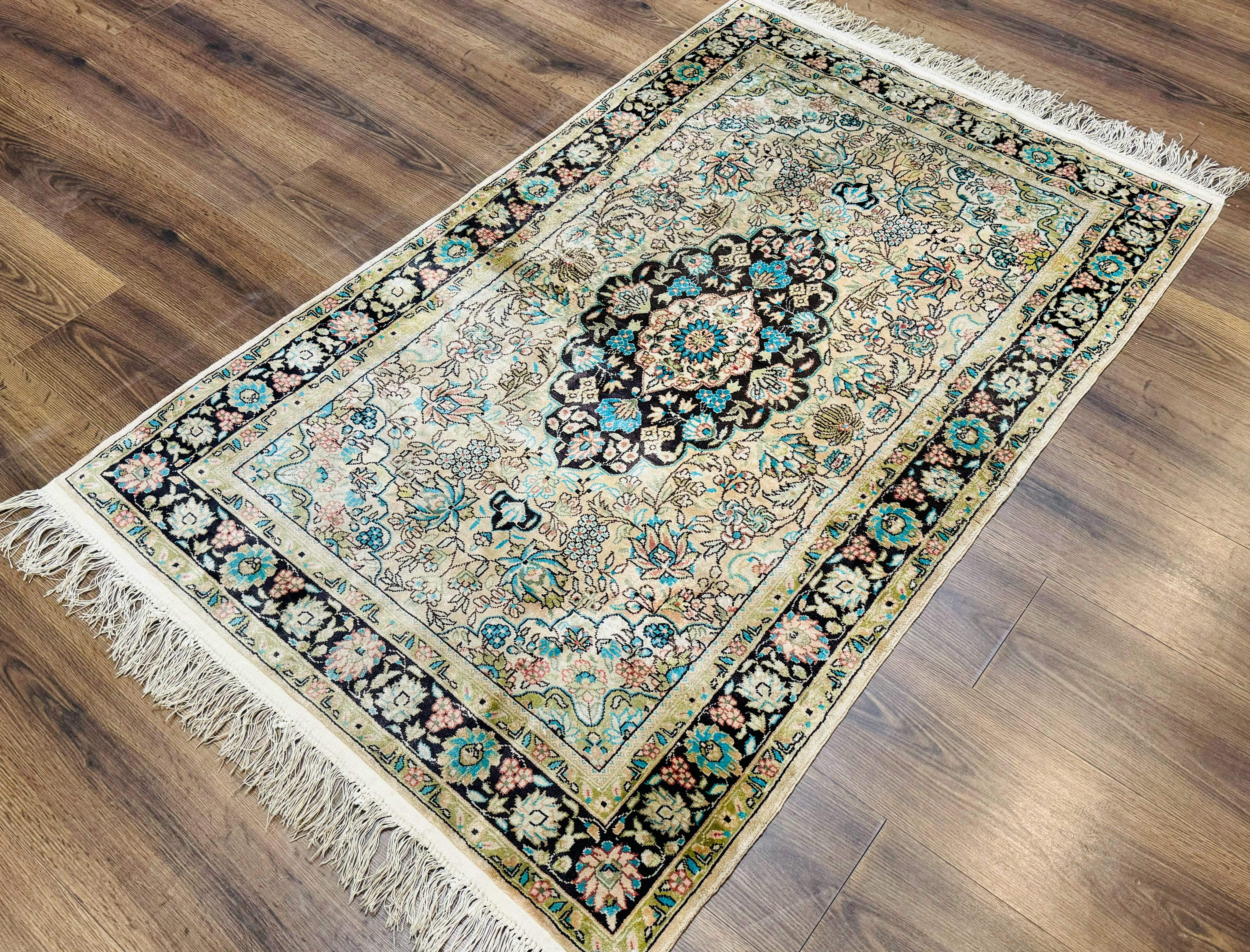 Indian Kashmiri Silk Rug 3x5, Floral Medallion, Fine 200 KPSI - Jewel Rugs