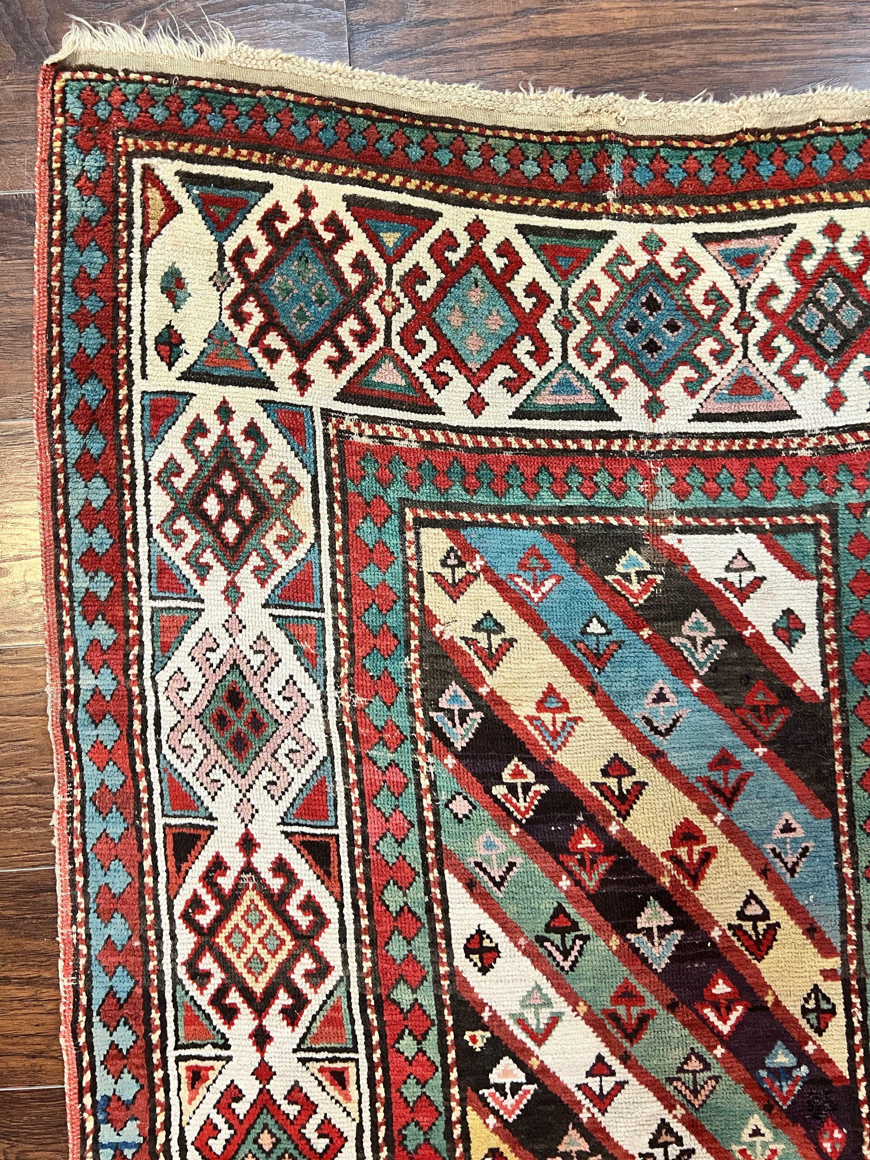 Caucasian Kazak Runner Rug 3.6 x 8, Wool Hand Knotted Antique 1880s Carpet, Ivory & Multicolor Stripes Oriental Runner Rug, Hallway Rug - Jewel Rugs