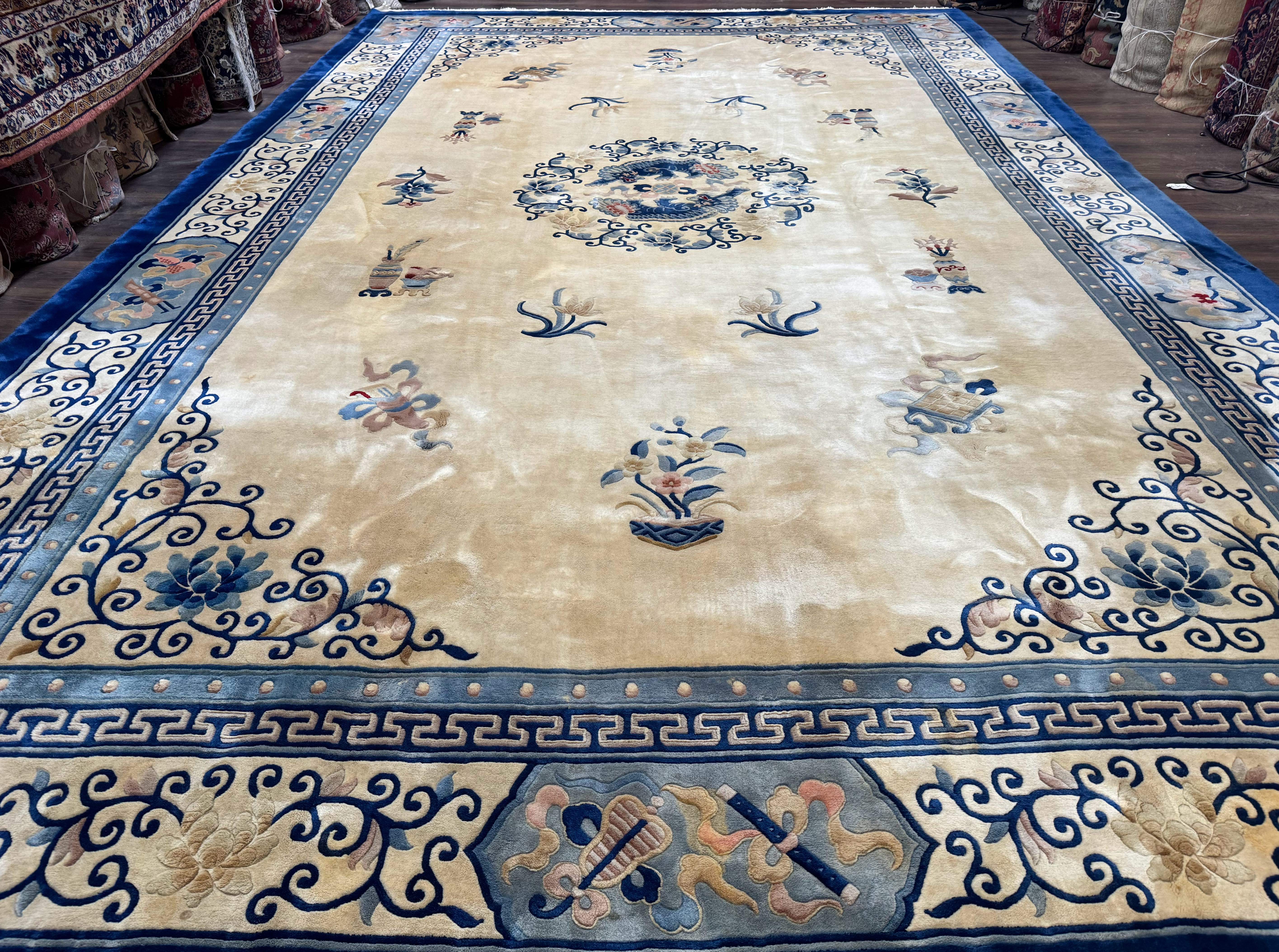 Palace Size Chinese Wool Rug 12x19 – Ivory and Blue, Dragons, Vintage Carpet - Jewel Rugs