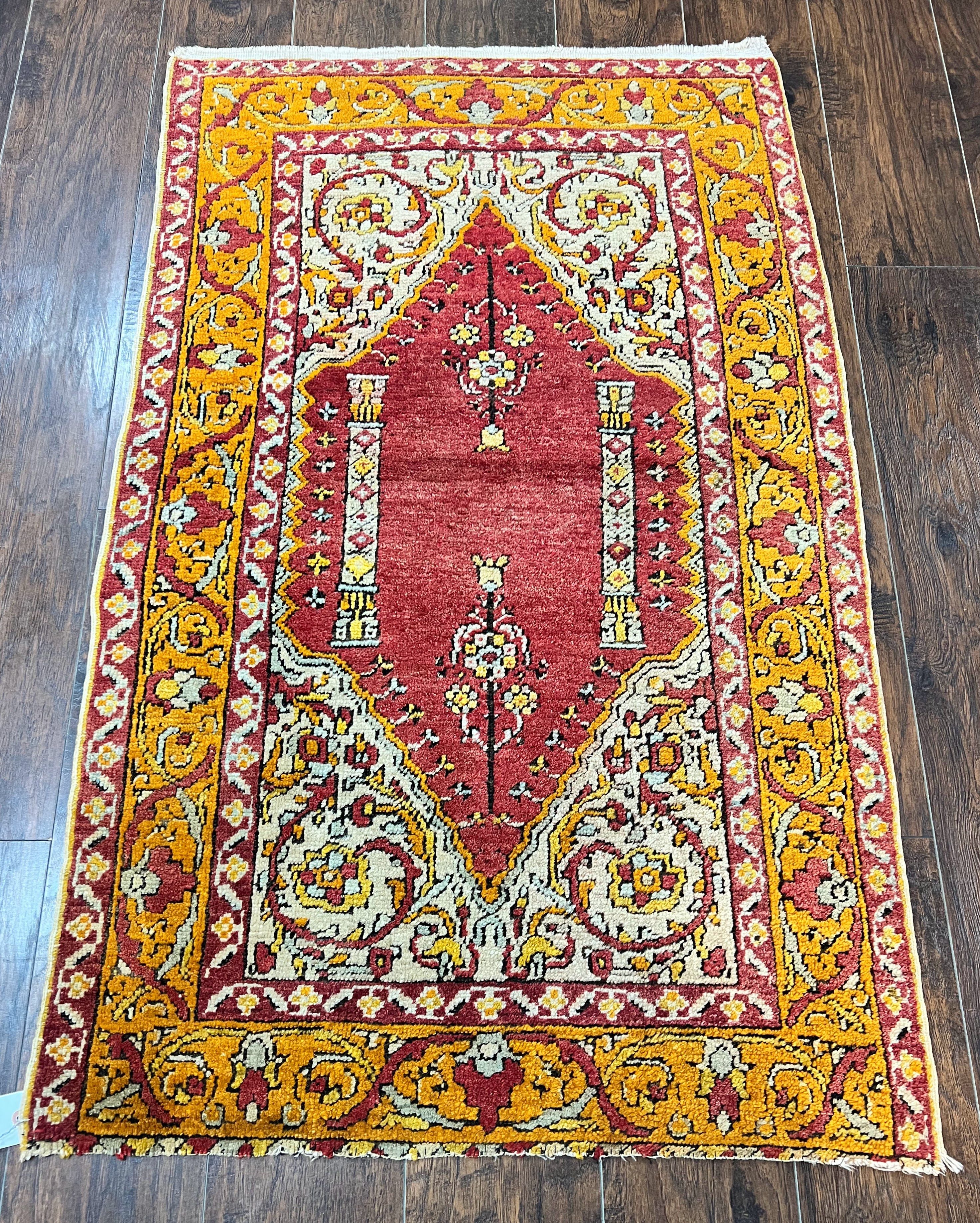 Antique Turkish Prayer Rug 3x5, Hand Knotted Turkish Melas Oushak Wool Carpet, Mehrab Rug, Orange & Red Vintage Rug 3 x 5 Collectible - Jewel Rugs