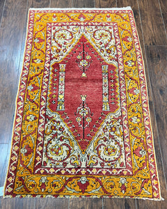 Antique Turkish Prayer Rug 3x5, Hand Knotted Turkish Melas Oushak Wool Carpet, Mehrab Rug, Orange & Red Vintage Rug 3 x 5 Collectible