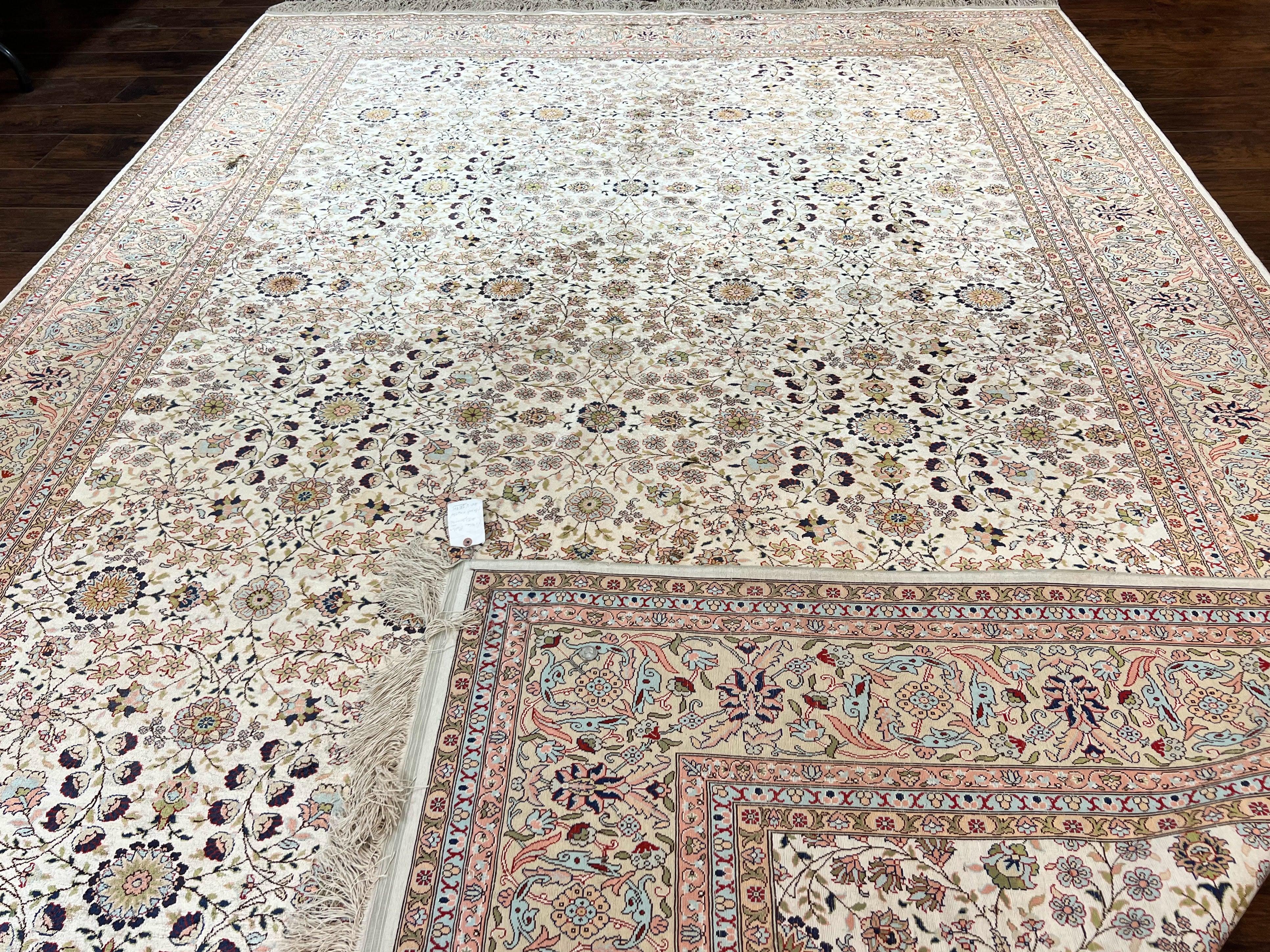 Wonderful Silk Hereke Rug 8x12, Silk Pile on Silk Foundation, Ivory/Cream, Floral Pattern, Handmade, Vintage - Jewel Rugs