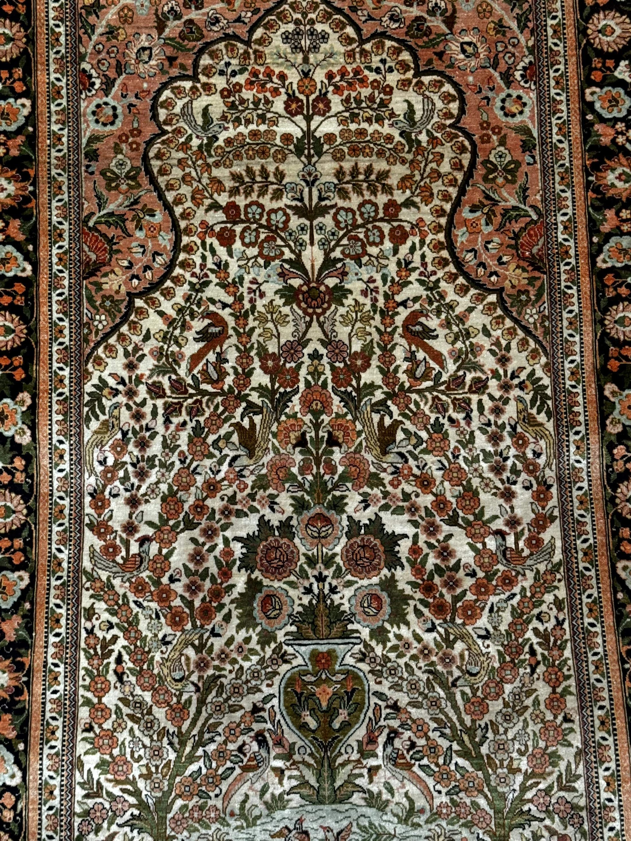 Exceptional Silk Rug 2.6 x 4, Very Fine 630 KPSI, Persian Vase Tree of Life Bird Pictorials, Handmade - Jewel Rugs