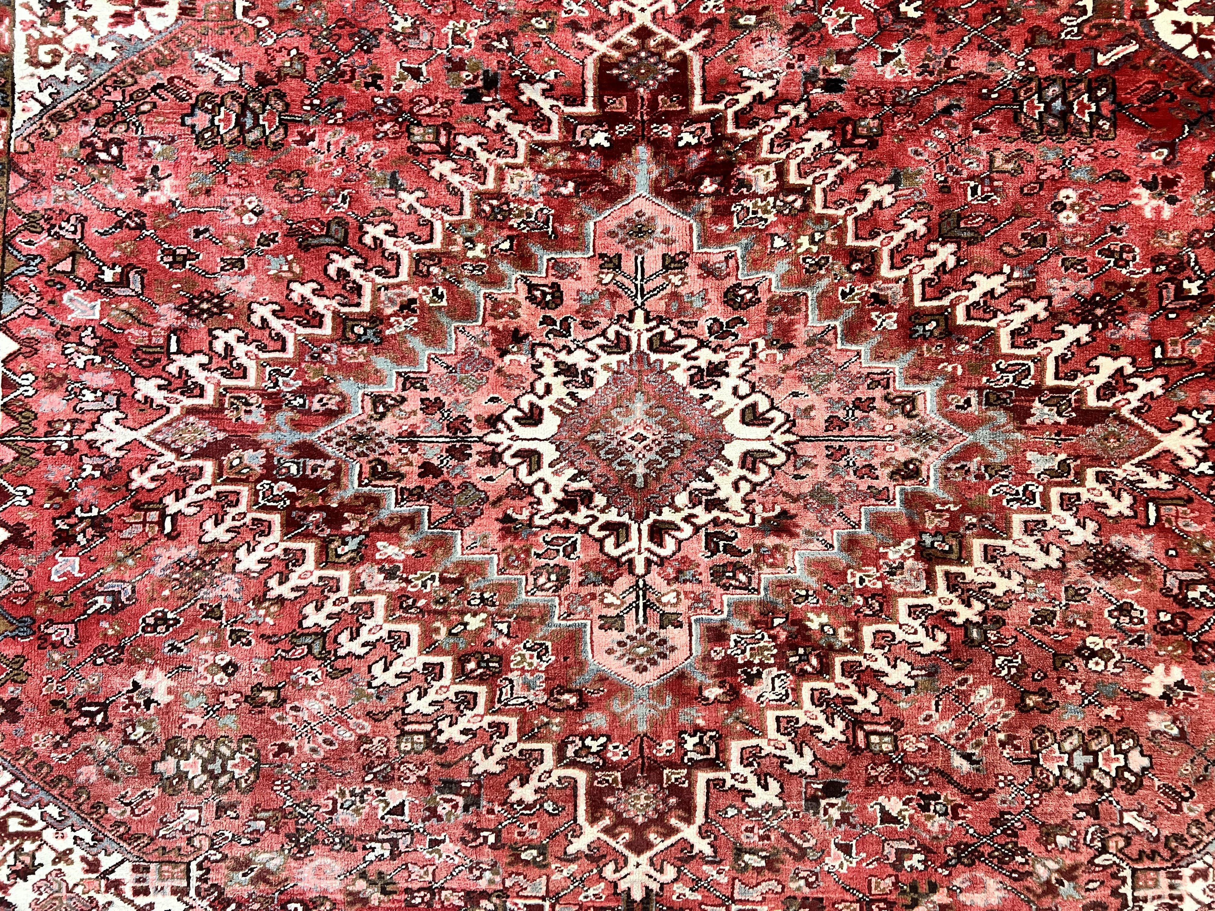 Large Persian Heriz Rug 10x13, Red and Cream Geometric Tribal Room Sized Handmade Wool Hand Knotted Semi Antique Decorative Oriental Carpet - Jewel Rugs
