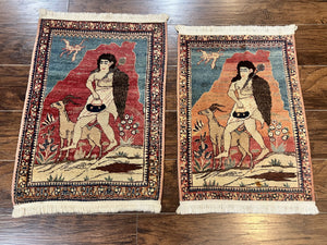 Pair of Two Antique Persian Kirman Rugs, Small Wool Handmade Carpets, Pictorial Rugs, Lavar Kirman, Shepards Human Animal Pictorials