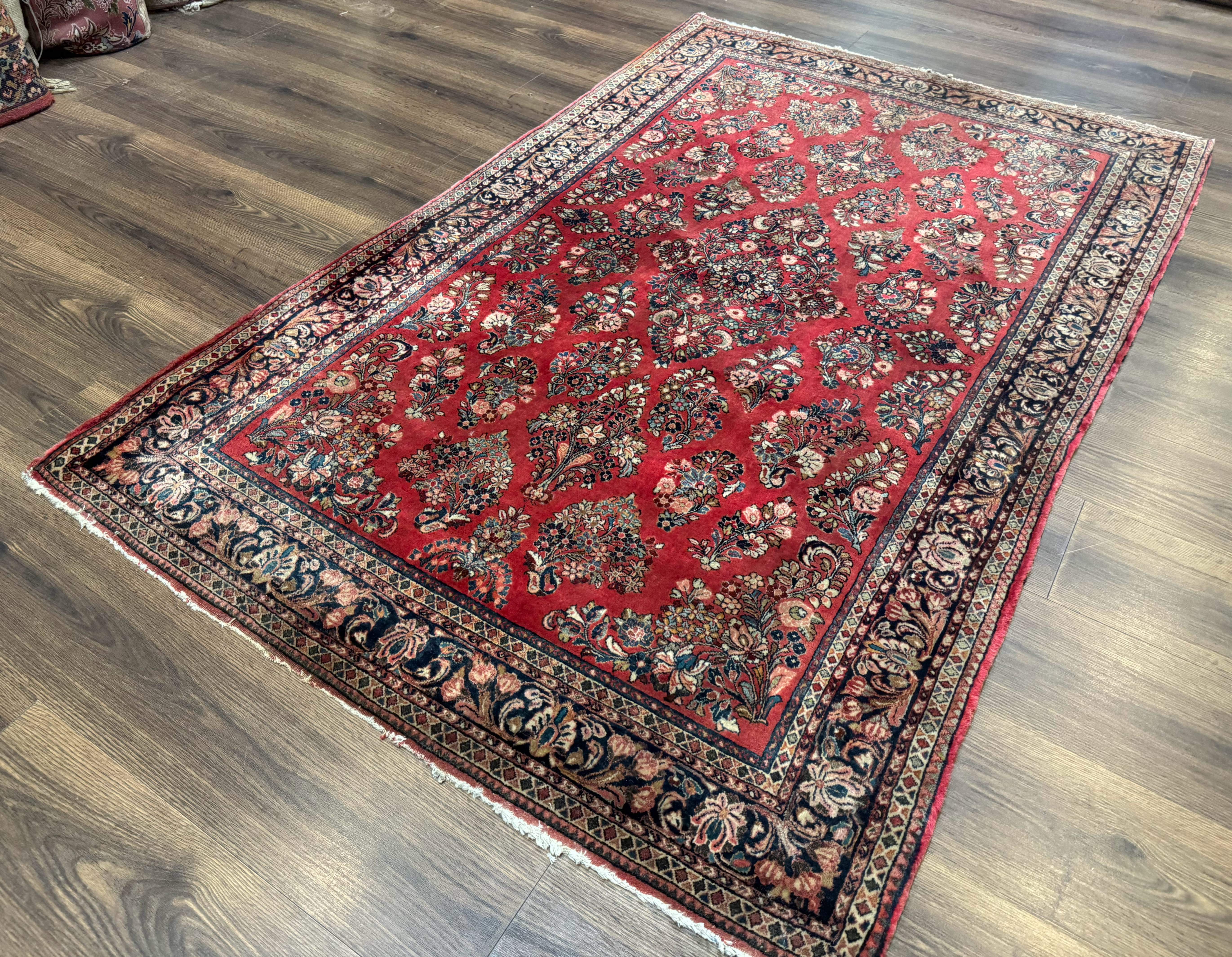 Sarouk Rug 4x6 – Red and Navy, Hand-Knotted Wool, Vintage Persian Carpet - Jewel Rugs