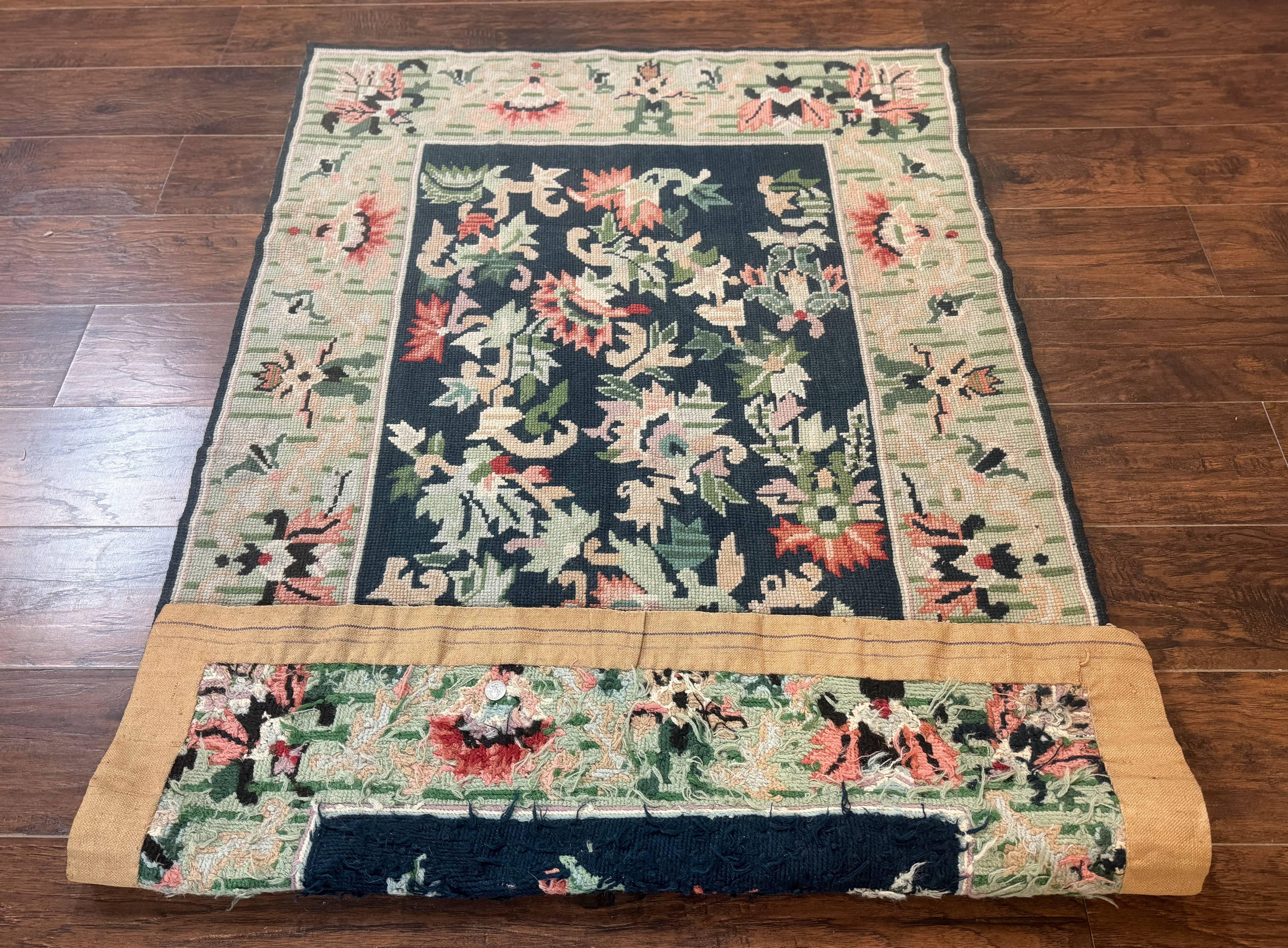 Vintage American Needlepoint Rug 4x6, Dark Green, Wool, Handmade, Flatweave Carpet - Jewel Rugs