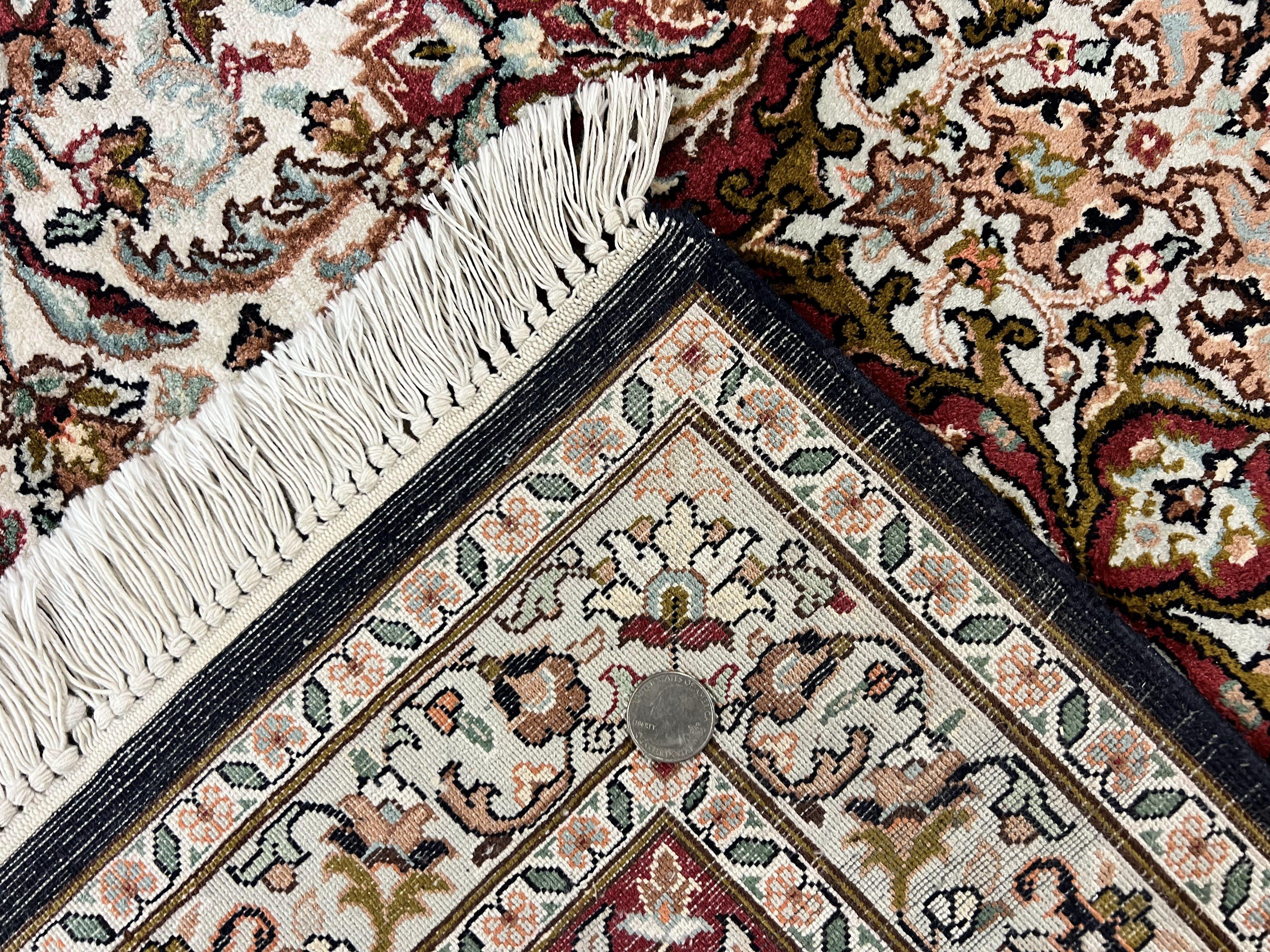 Silk Indian Kashmiri Rug 9 x 11 ft, Room Sized Silk Vintage Indo Persian Handmade Hand Knotted Fine Oriental Carpet, Ivory and Maroon - Jewel Rugs