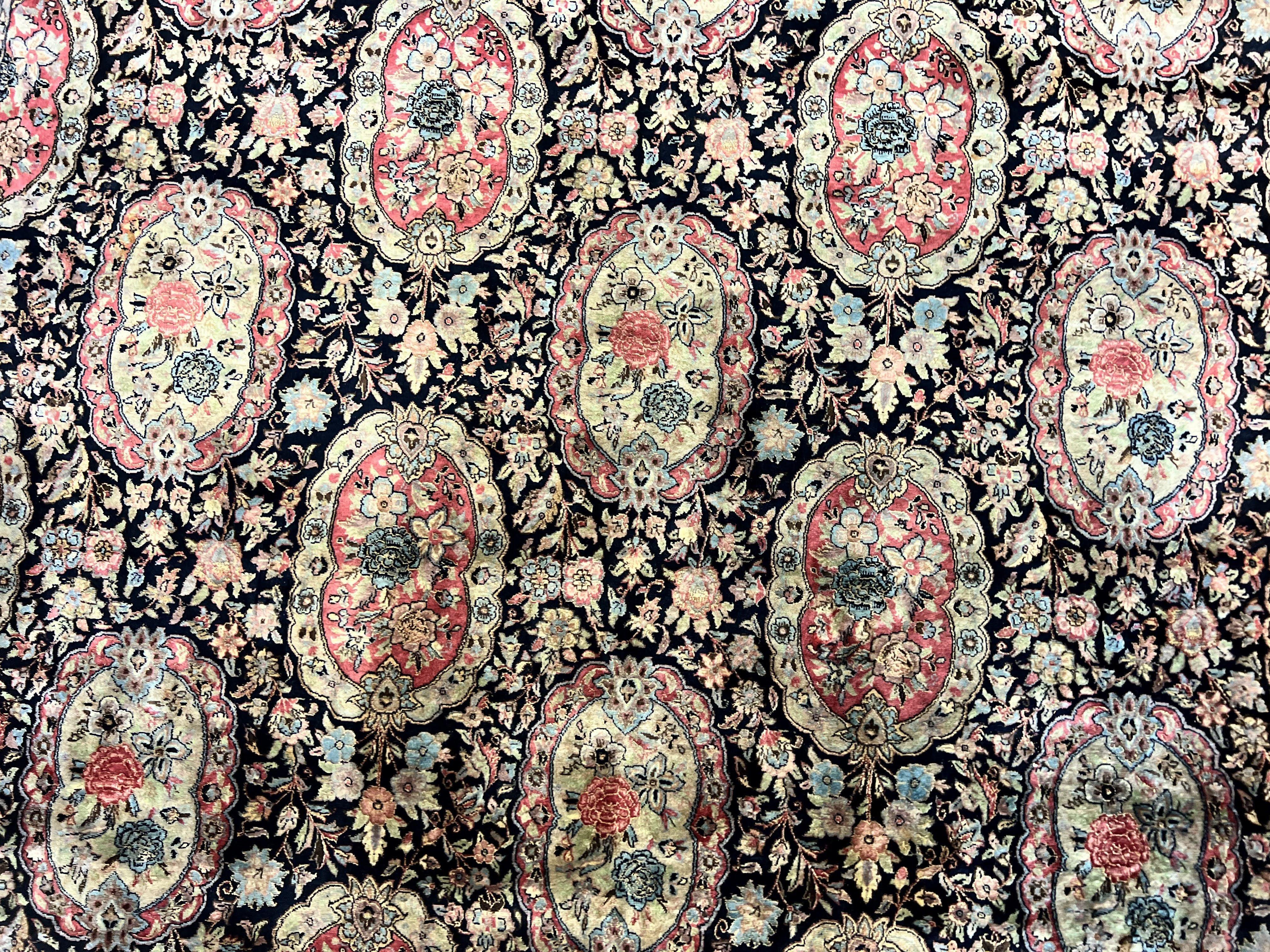 Sino Persian Rug 9x12, Navy Blue and Pink Hand Knotted Wool and Silk Highlights Vintage Oriental Carpet, Handmade Floral Area Rug 9 x 12 ft - Jewel Rugs