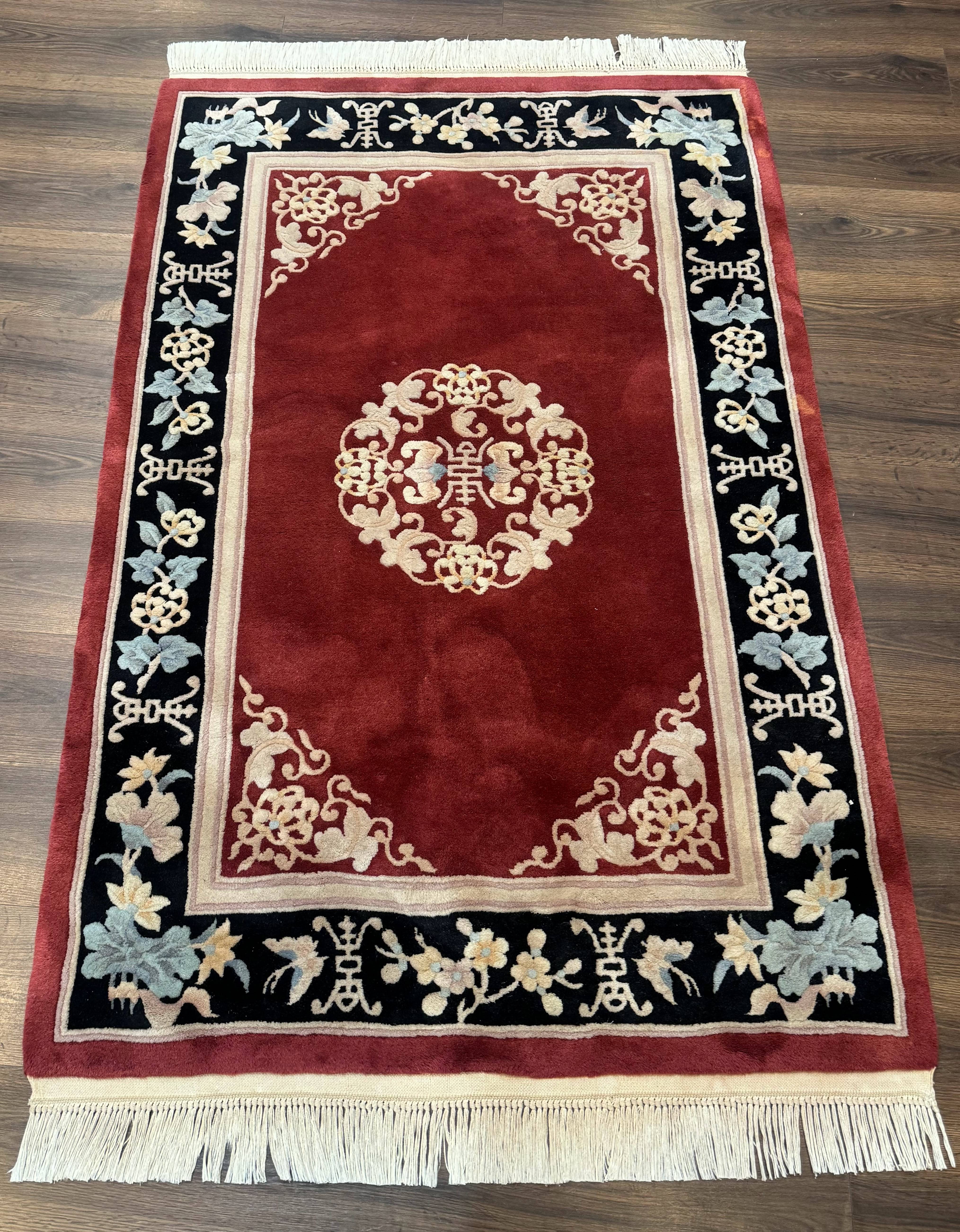 Dark Red Chinese Wool Rug 4x6, Chinese 90 Line Rug, Carving Rug, Handmade, Pair B - Jewel Rugs