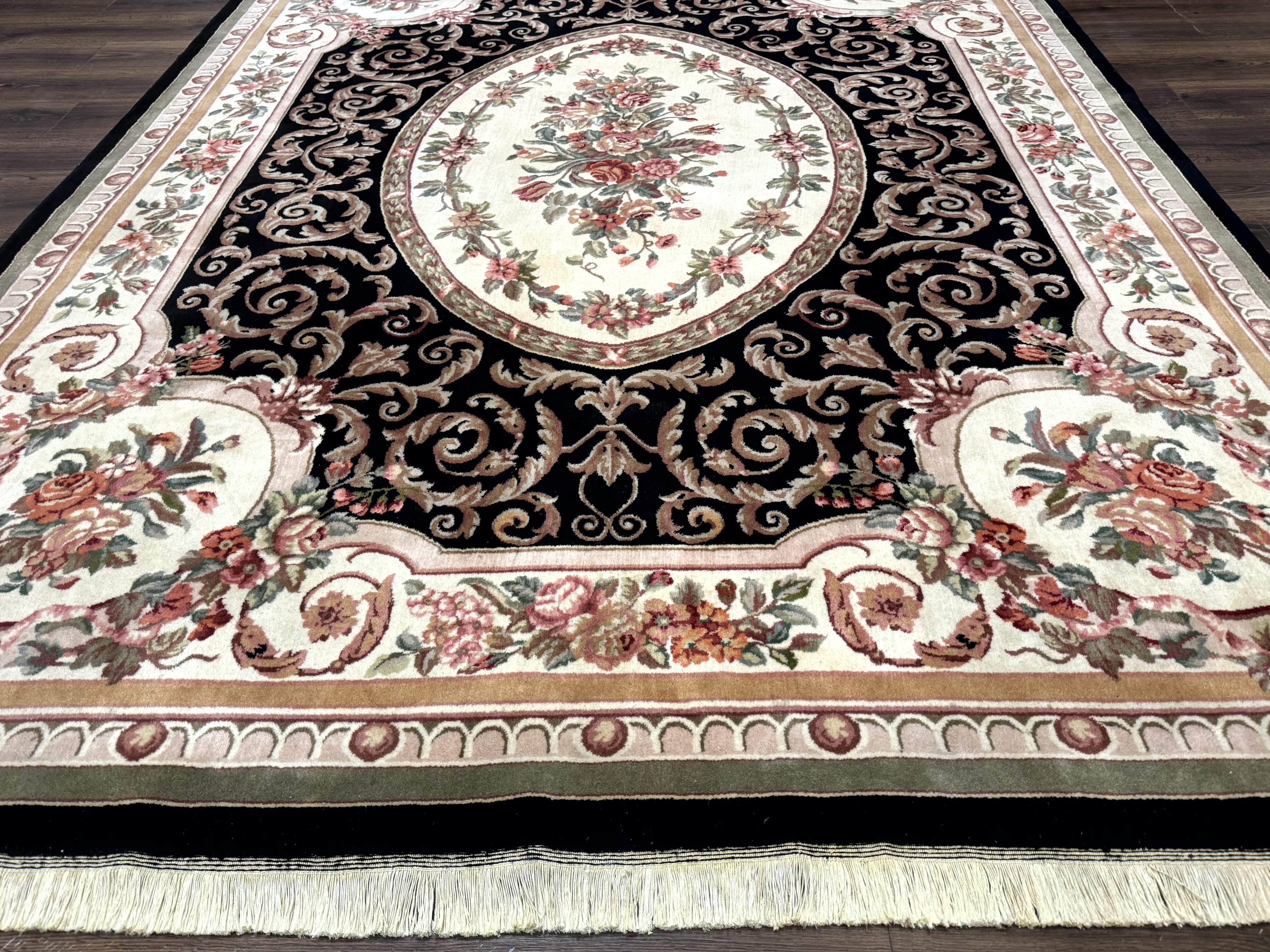 Aubusson Rug 8x10 – Black and Ivory, Hand-Knotted Wool, Vintage Carpet - Jewel Rugs