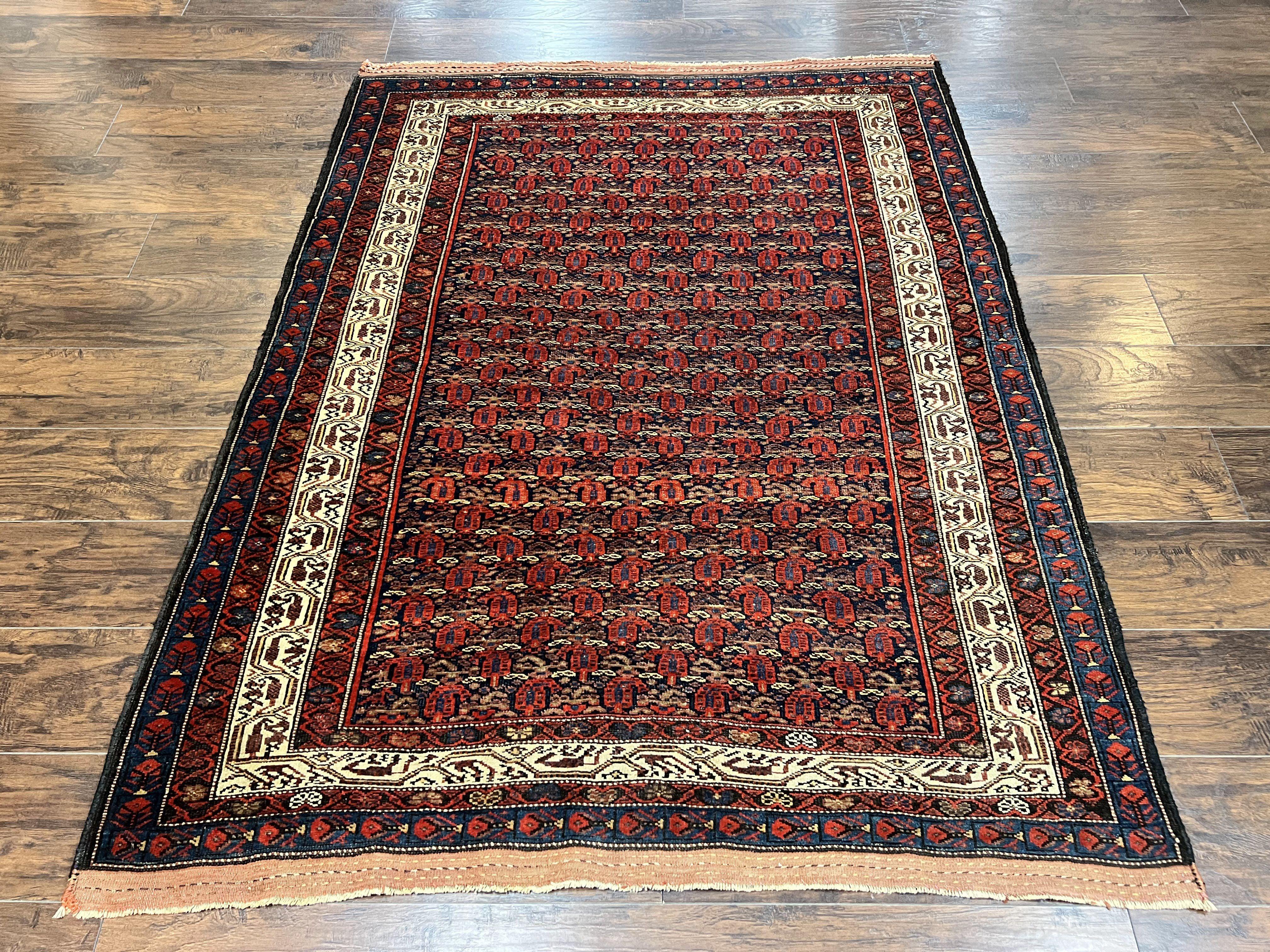 Persian Kurdish Rug 5x6, Wool Hand Knotted Vintage Carpet, Red Blue Cream, Boteh Paisley Pattern, 5 x 6 Medium Sized Oriental Rug - Jewel Rugs