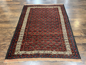 Persian Kurdish Rug 5x6, Wool Hand Knotted Vintage Carpet, Red Blue Cream, Boteh Paisley Pattern, 5 x 6 Medium Sized Oriental Rug