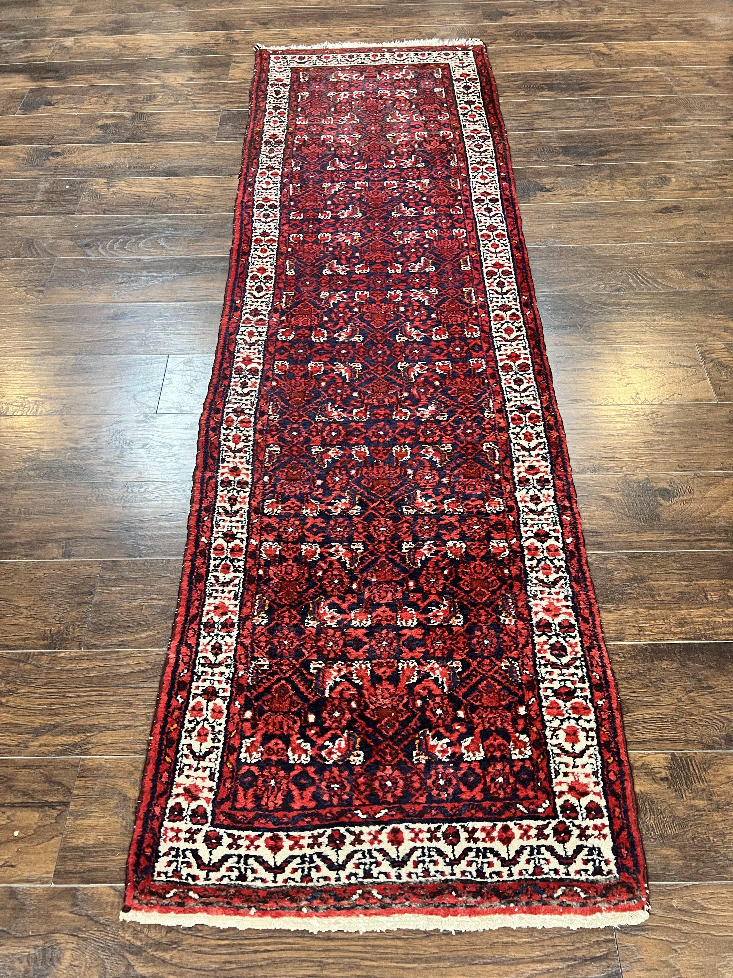 Persian Tribal Runner 3 x 9, Hamadan Dargazin Rug, Dark Blue and Red Wool Hand Knotted Hallway Rug, Vintage Antique Oriental Runner, 9ft Long Runner, Herati - Jewel Rugs