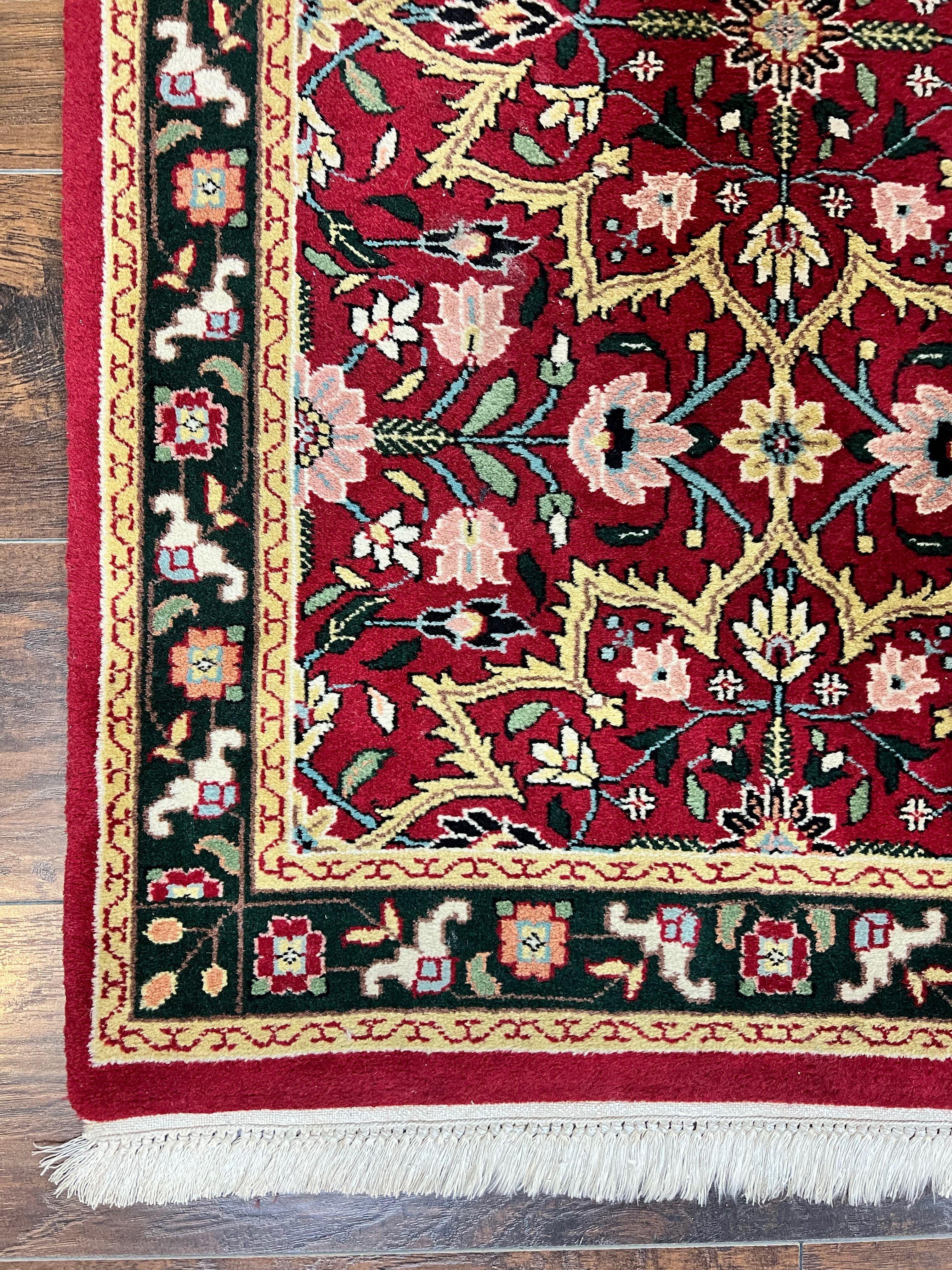 Indo Sarouk Runner Rug 2.6 x 10 ft, Floral Hand Knotted Wool Handmade Vintage Indian Hallway Rug, Red Tan Black, 10ft Persian Runner - Jewel Rugs