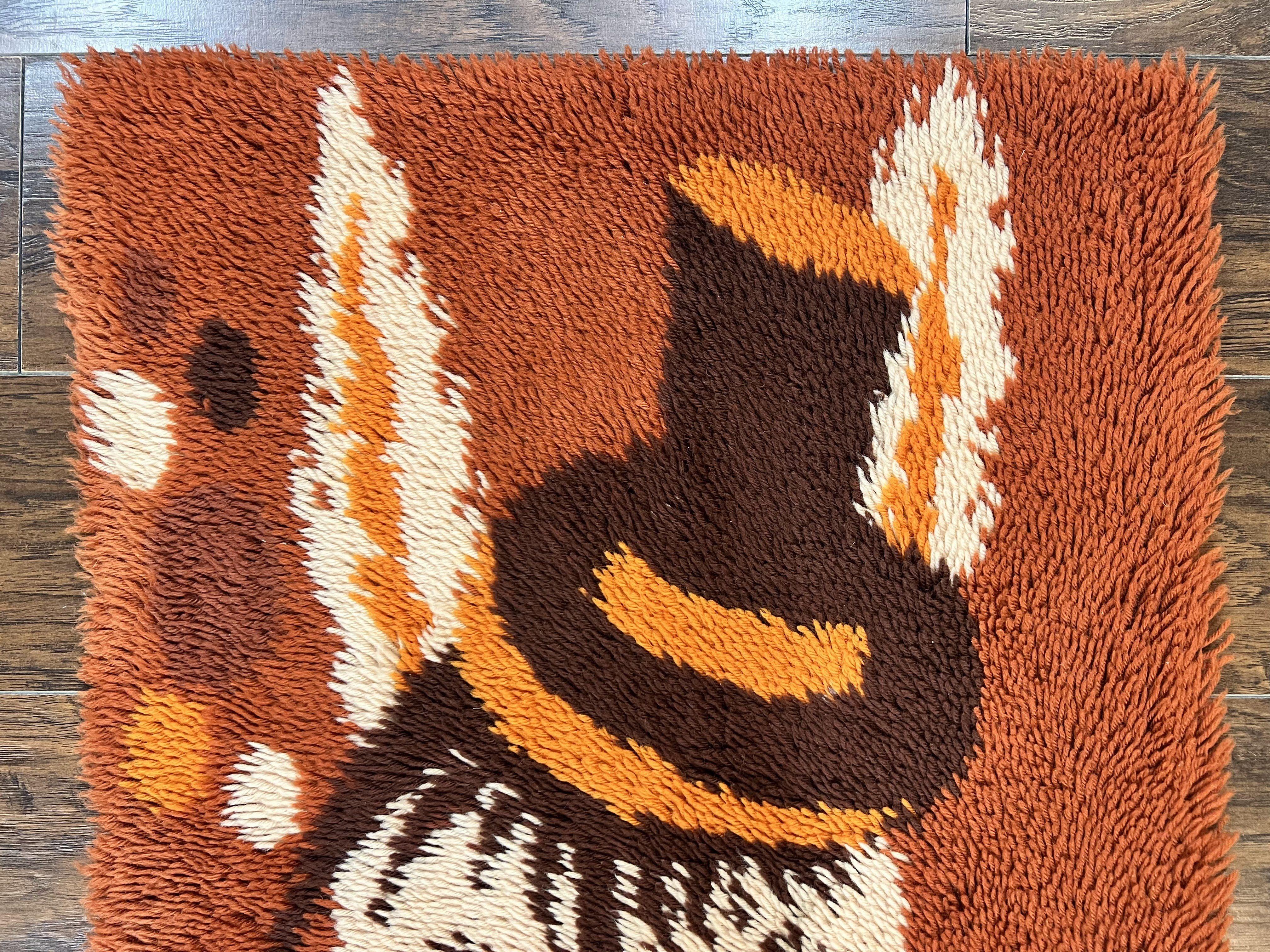 Rya Shag Rug 2x4, Rabbit in Top Hat, Wool, Orange, Vintage 1960s Danish Shag Rug - Jewel Rugs