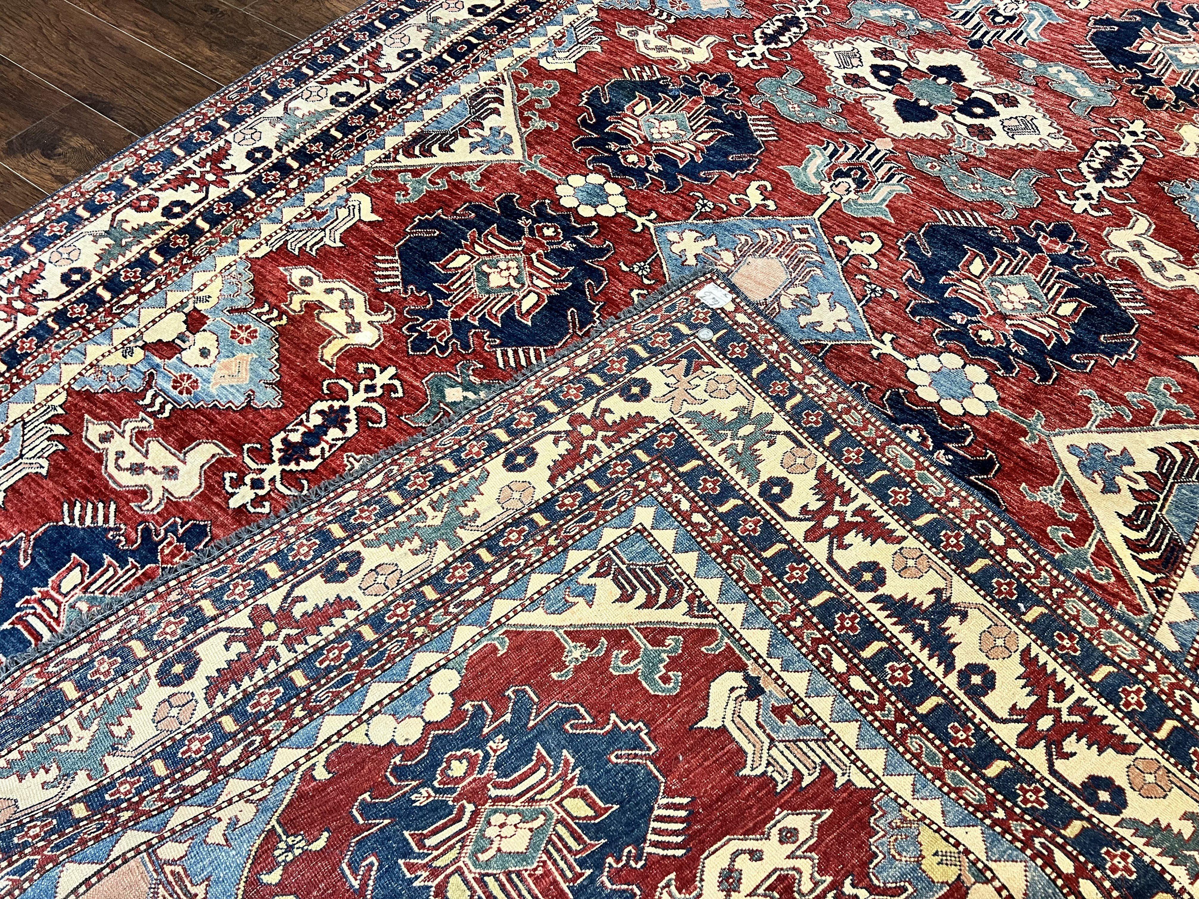 Turkish Heriz Rug 7x10, Wool Hand Knotted Handmade Room Sized Oriental Carpet, Red & Ivory, Vintage Geometric Oriental Rug 7 x 10 ft - Jewel Rugs