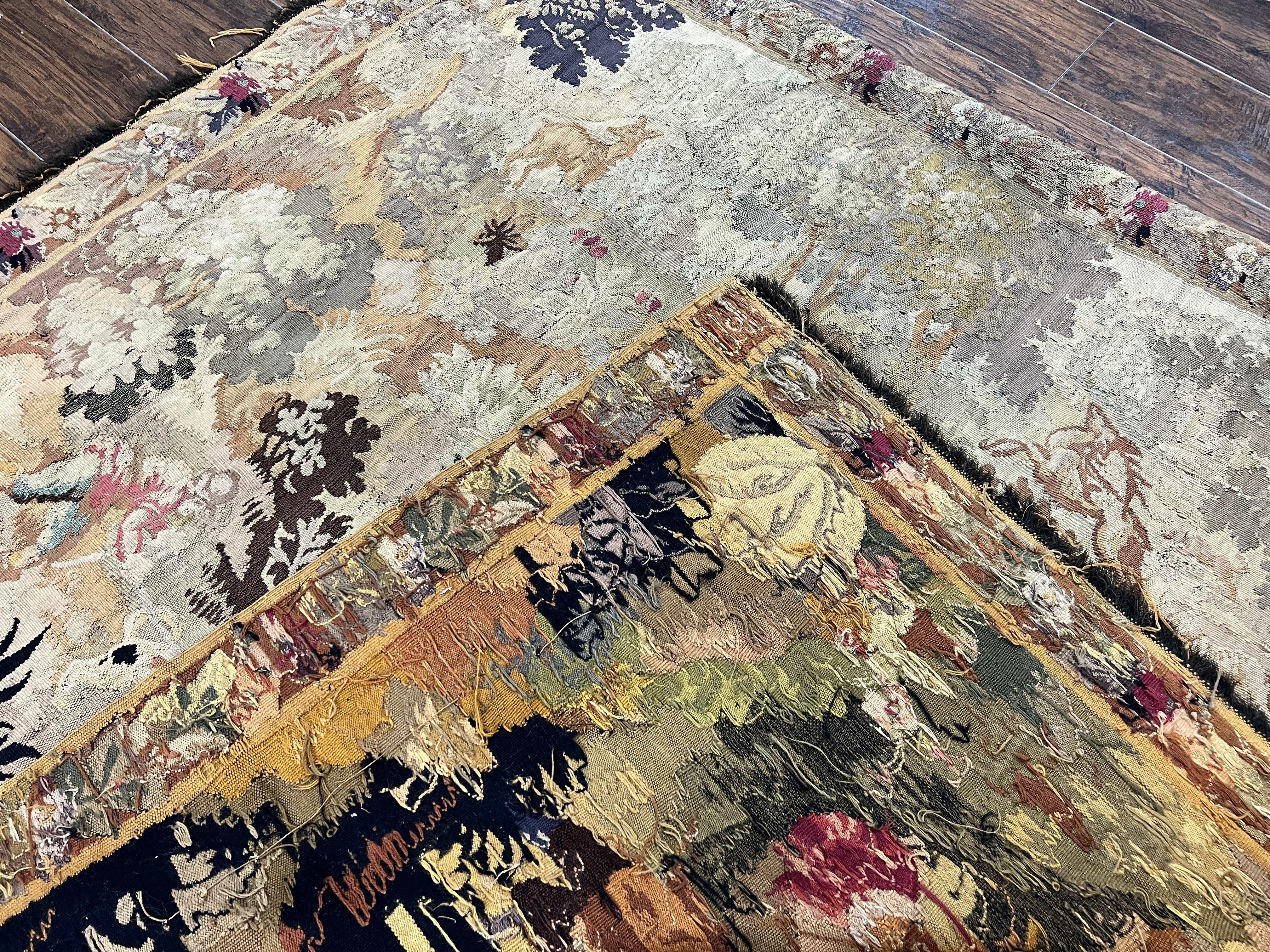 Antique French Tapestry 6x5 ft, European Handmade Wool Aubusson Weave Vintage Tapestry - Jewel Rugs